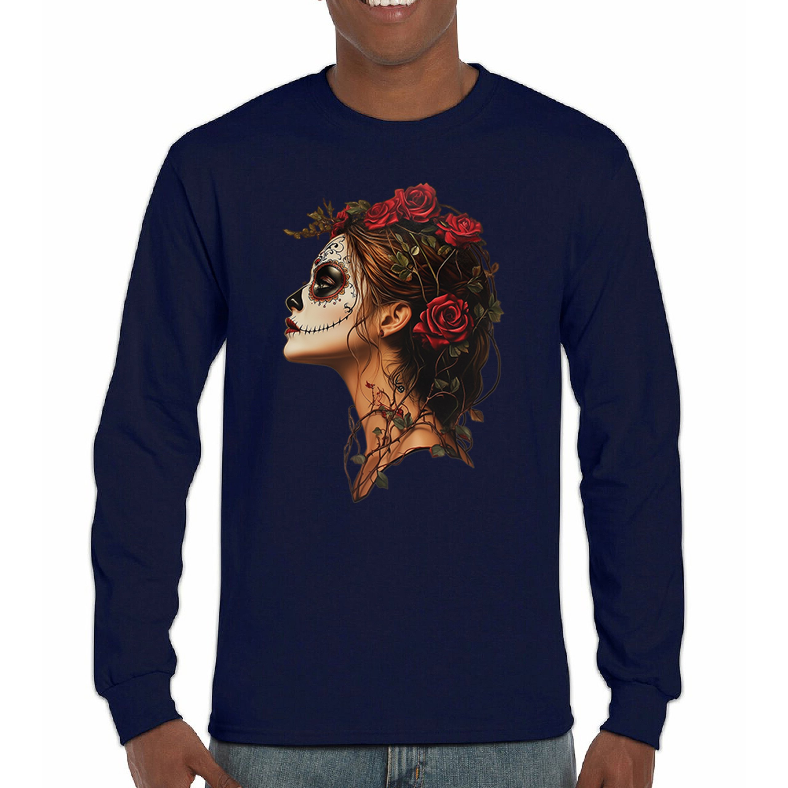 Sugar Skull Profile Long Sleeve T-shirt Dia de Los Muertos Skeleton Face Floral - Picture 37 of 78