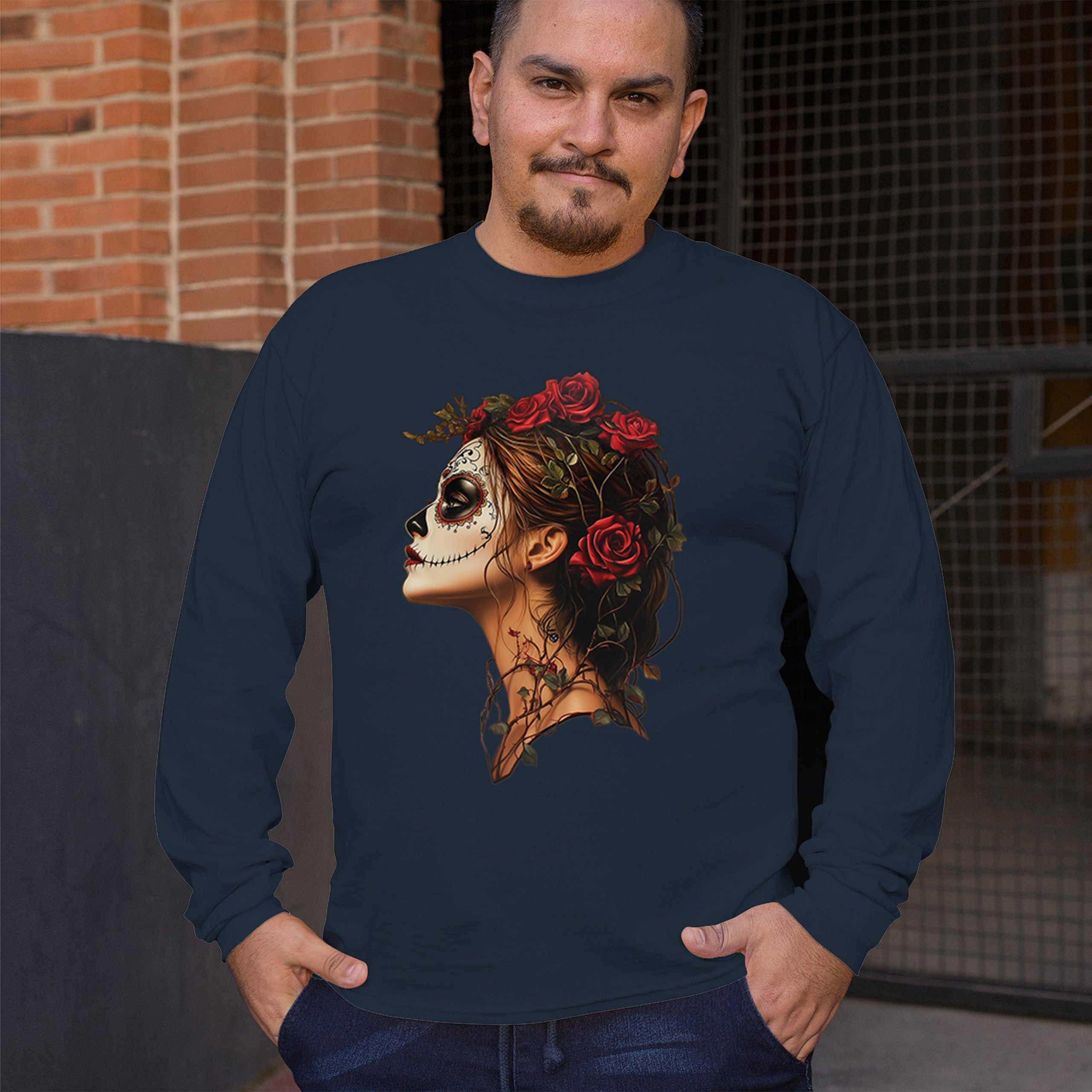 Sugar Skull Profile Long Sleeve T-shirt Dia de Los Muertos Skeleton Face Floral - Picture 40 of 78