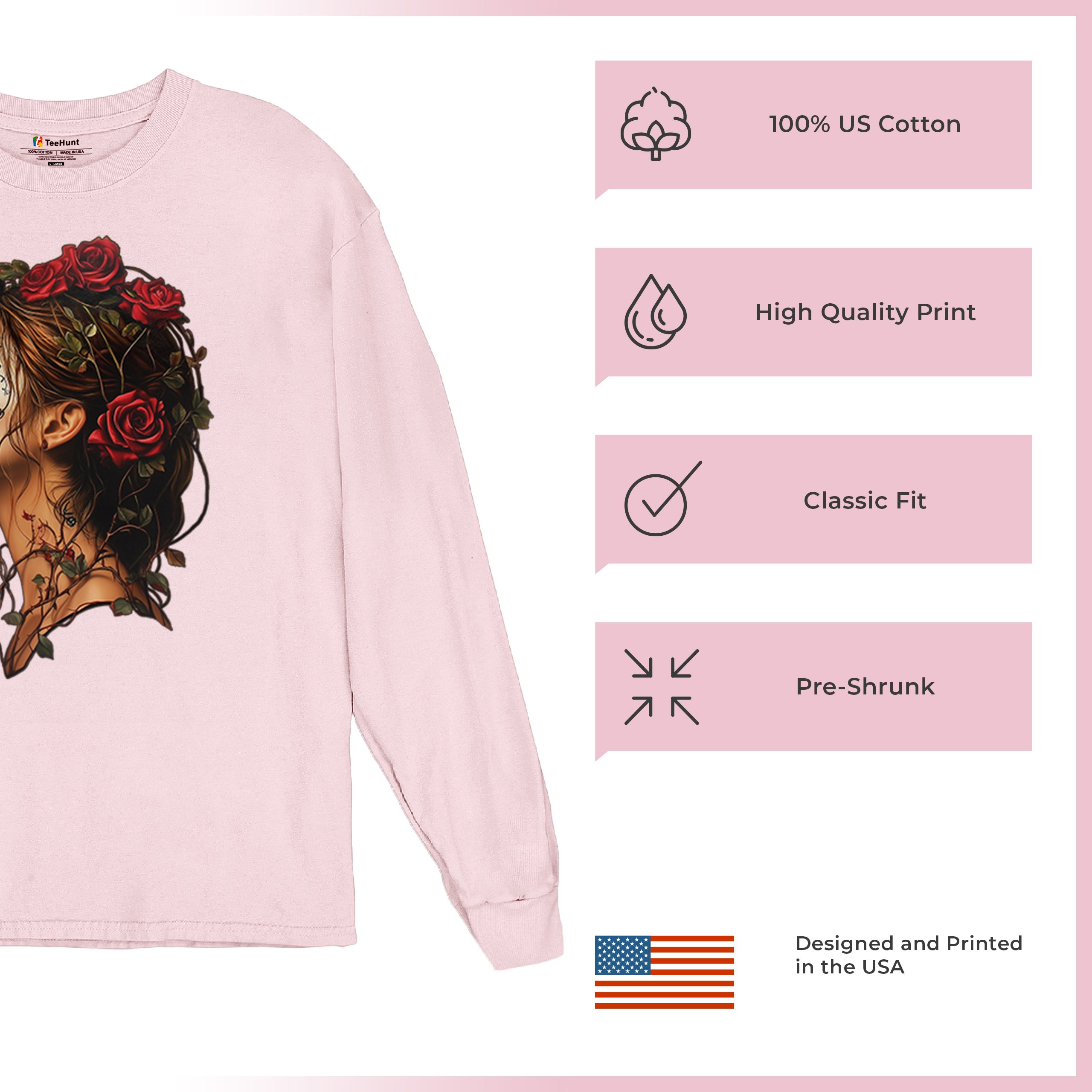 Sugar Skull Profile Long Sleeve T-shirt Dia de Los Muertos Skeleton Face Floral - Picture 77 of 78