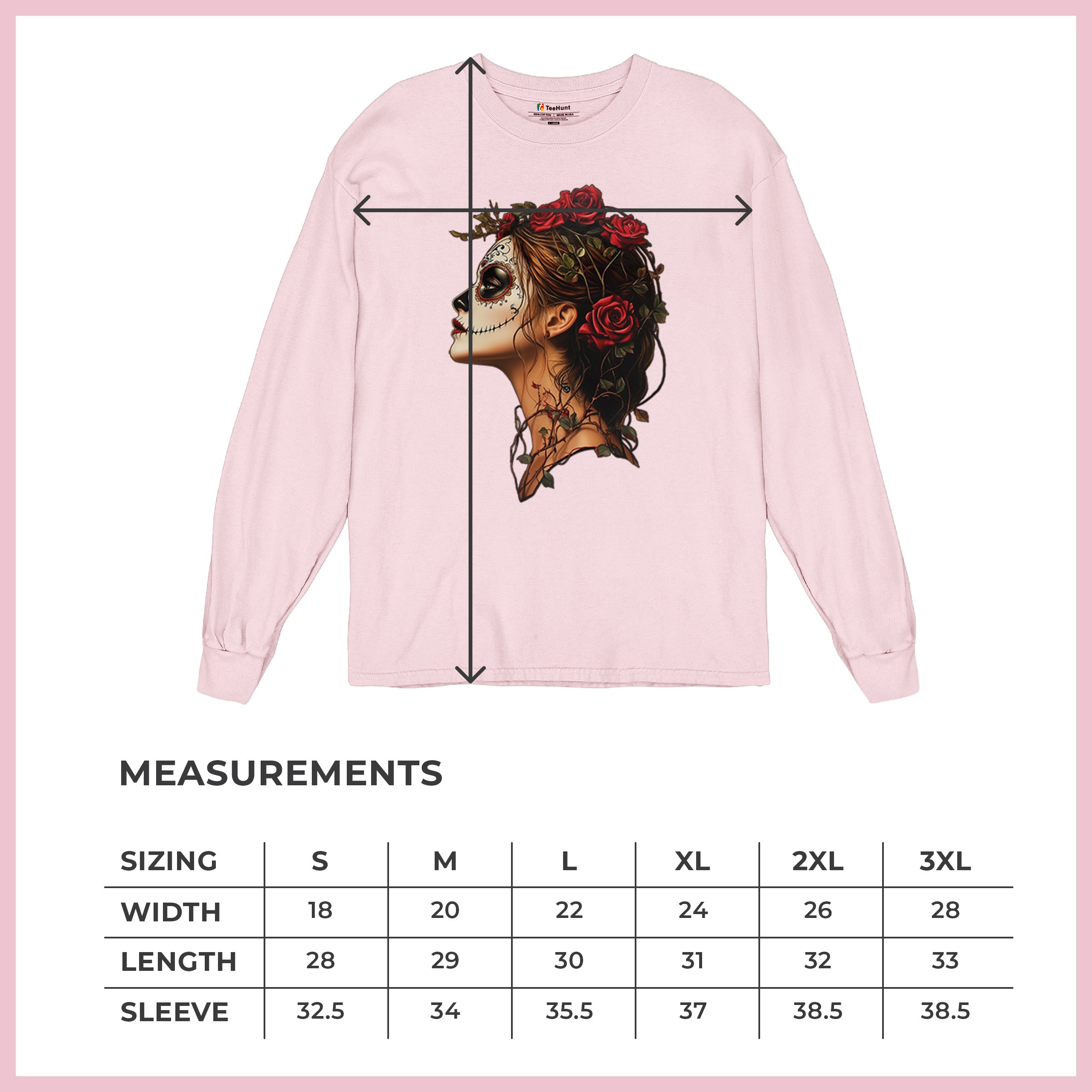 Sugar Skull Profile Long Sleeve T-shirt Dia de Los Muertos Skeleton Face Floral - Picture 78 of 78