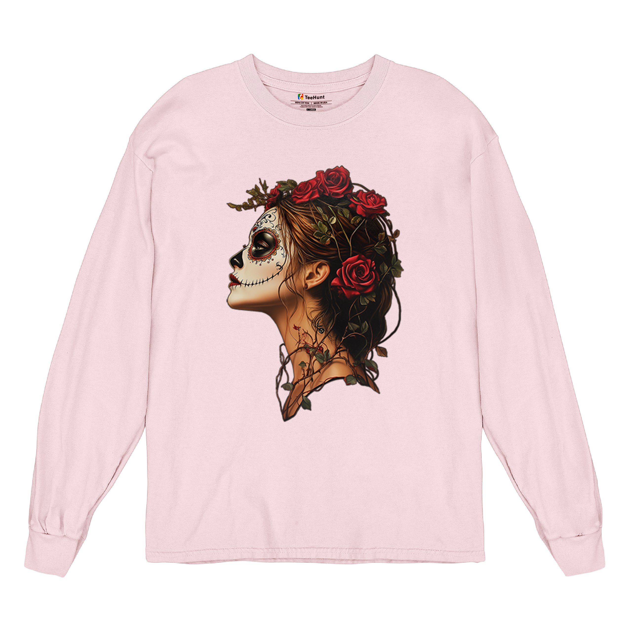 Sugar Skull Profile Long Sleeve T-shirt Dia de Los Muertos Skeleton Face Floral - Picture 76 of 78