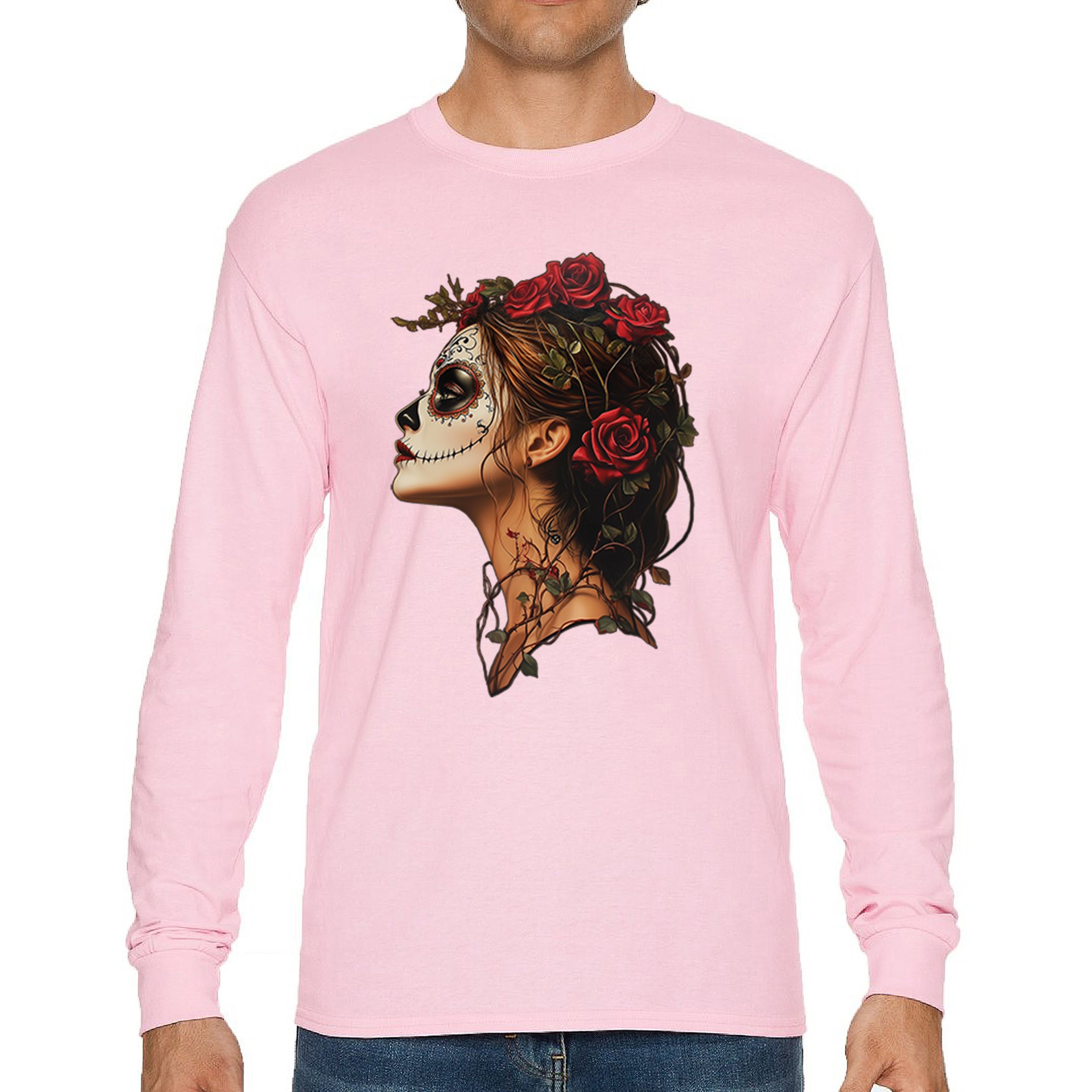 Sugar Skull Profile Long Sleeve T-shirt Dia de Los Muertos Skeleton Face Floral - Picture 72 of 78