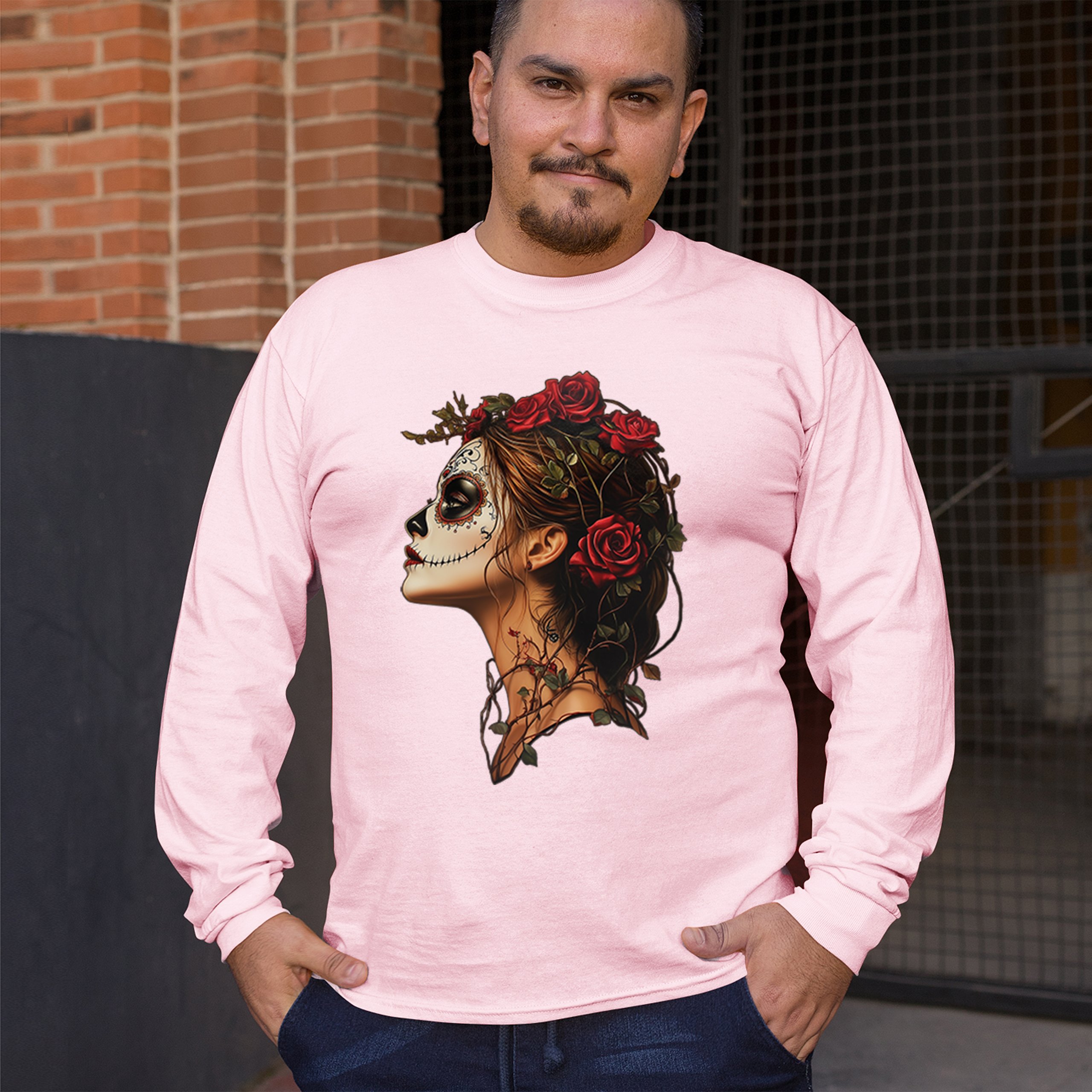 Sugar Skull Profile Long Sleeve T-shirt Dia de Los Muertos Skeleton Face Floral - Picture 75 of 78