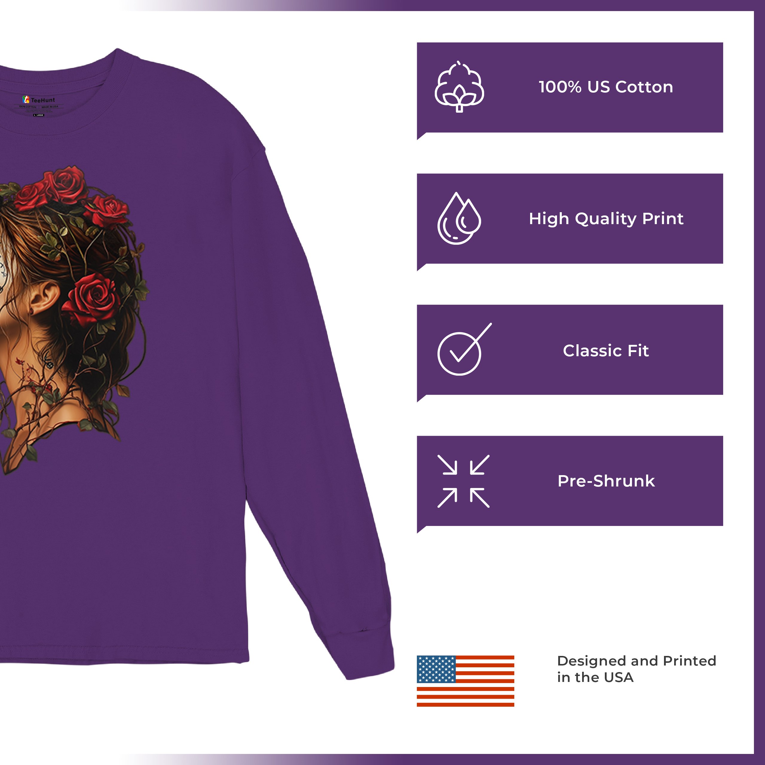 Sugar Skull Profile Long Sleeve T-shirt Dia de Los Muertos Skeleton Face Floral - Picture 21 of 78
