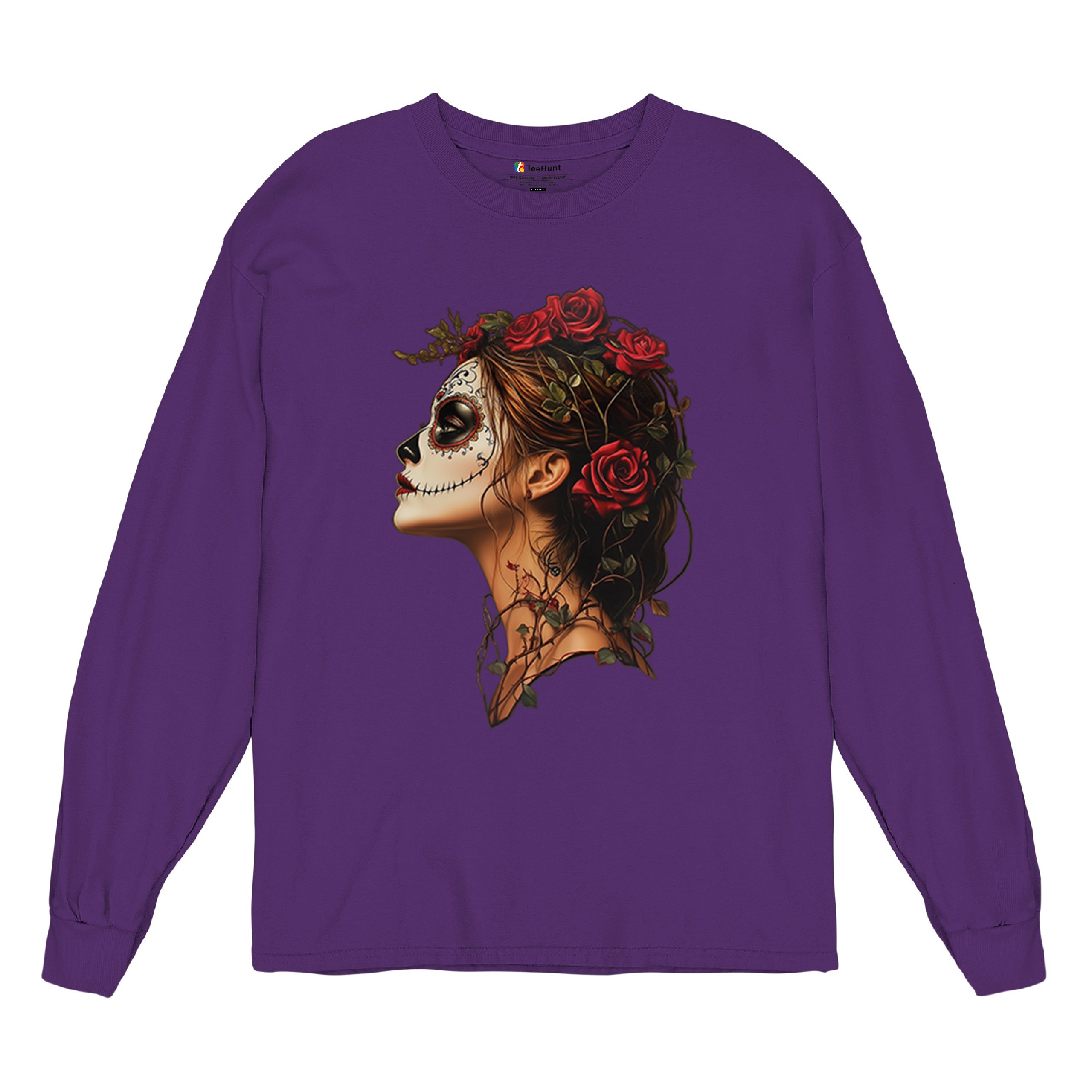 Sugar Skull Profile Long Sleeve T-shirt Dia de Los Muertos Skeleton Face Floral - Picture 20 of 78