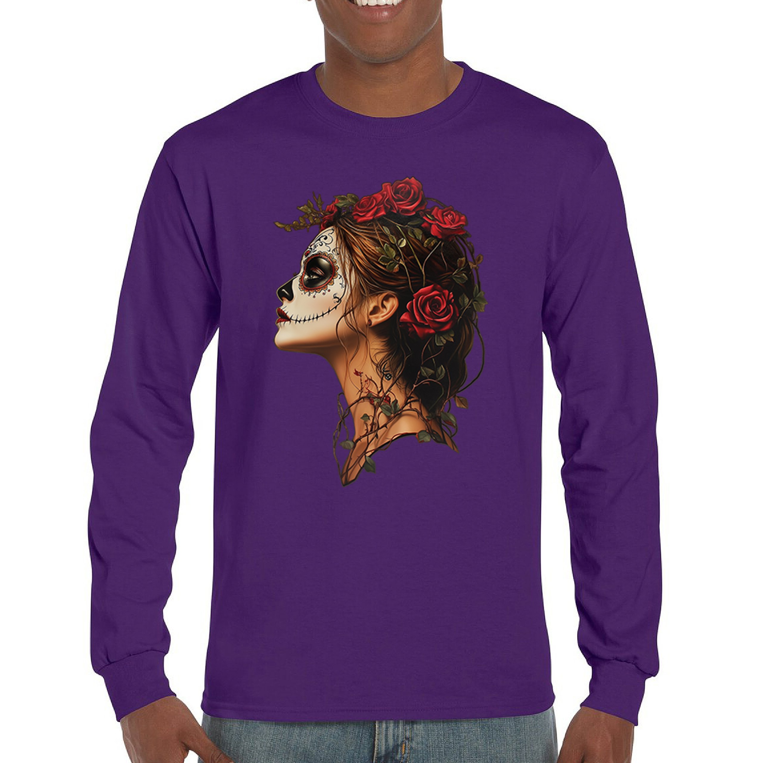 Sugar Skull Profile Long Sleeve T-shirt Dia de Los Muertos Skeleton Face Floral - Picture 16 of 78