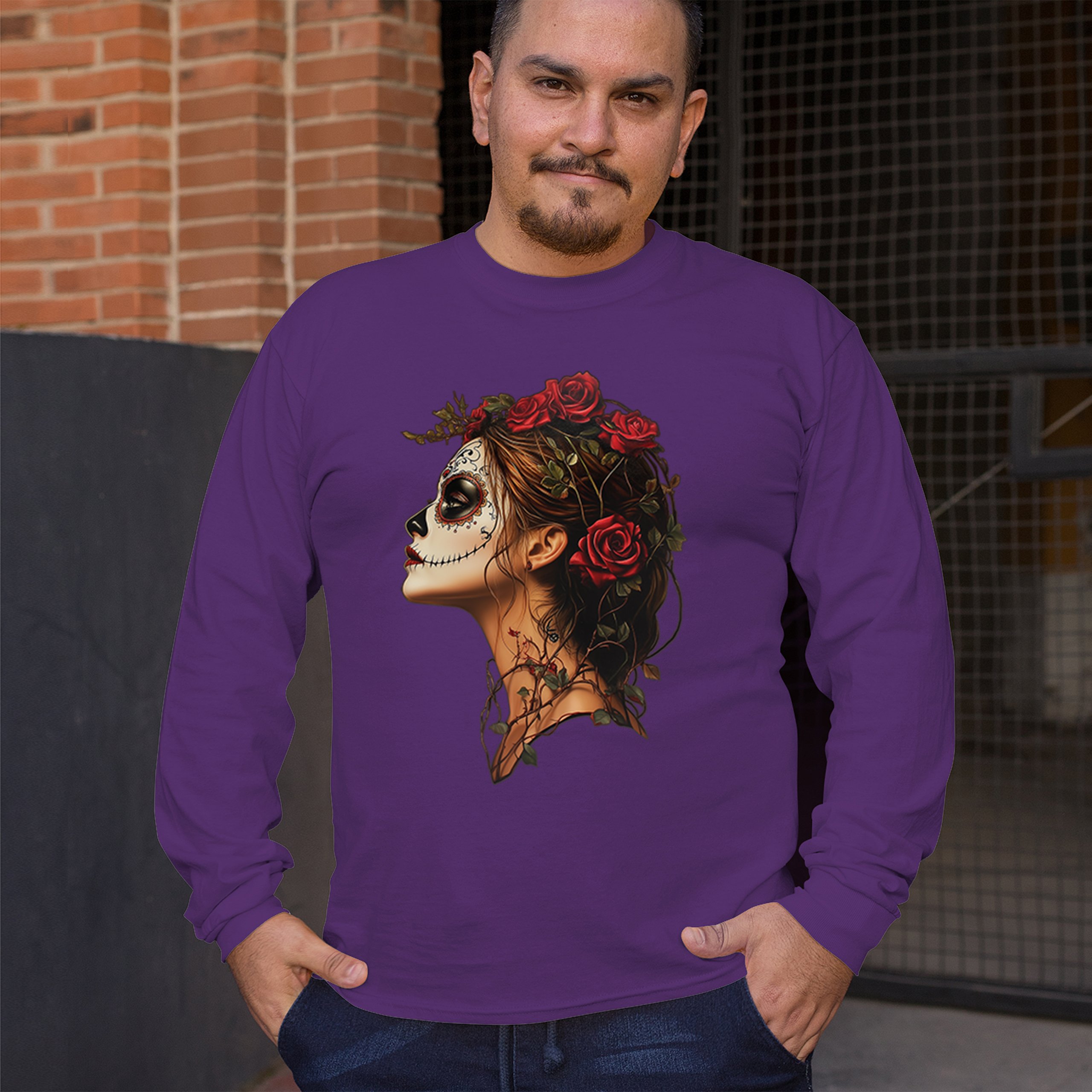 Sugar Skull Profile Long Sleeve T-shirt Dia de Los Muertos Skeleton Face Floral - Picture 19 of 78