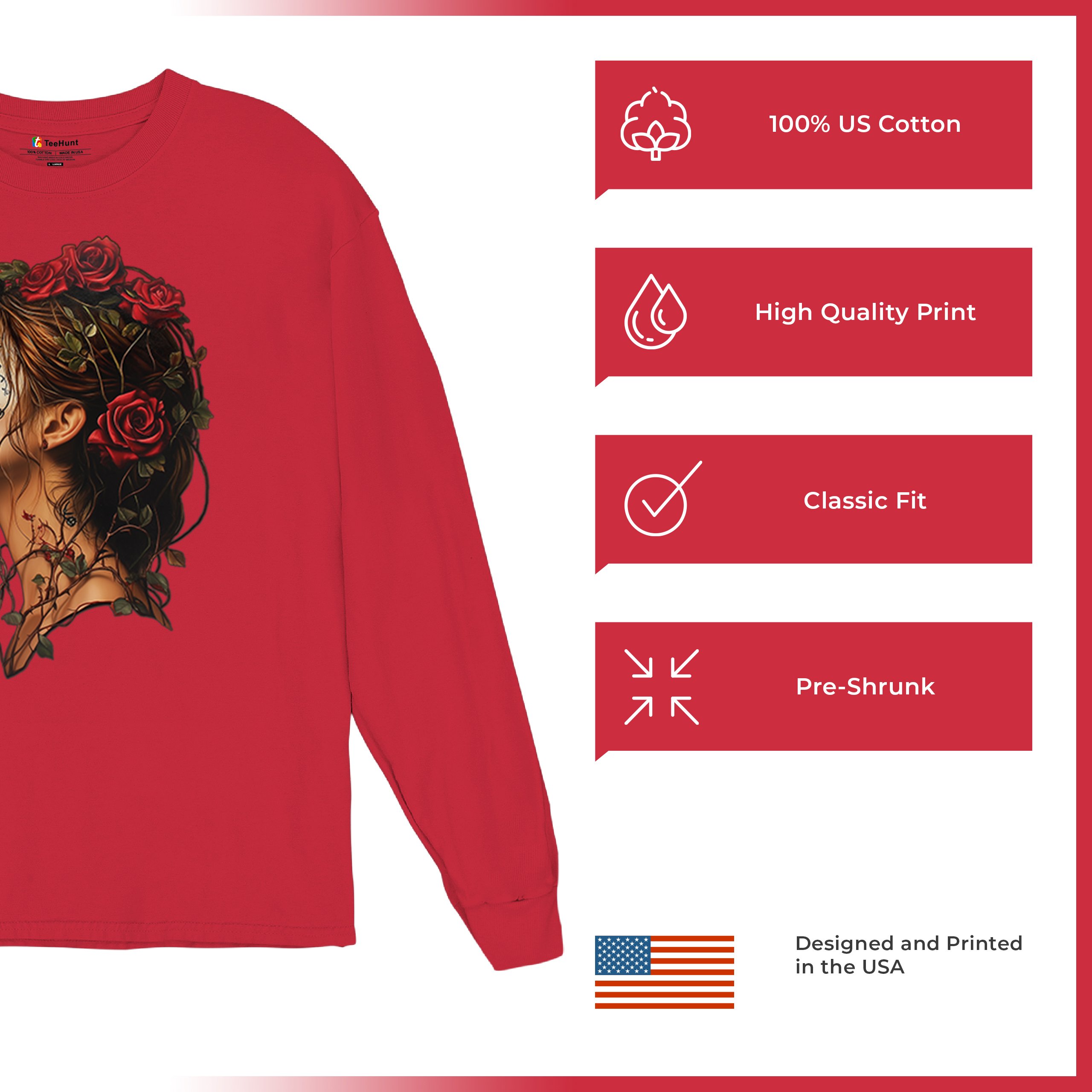 Sugar Skull Profile Long Sleeve T-shirt Dia de Los Muertos Skeleton Face Floral - Picture 28 of 78