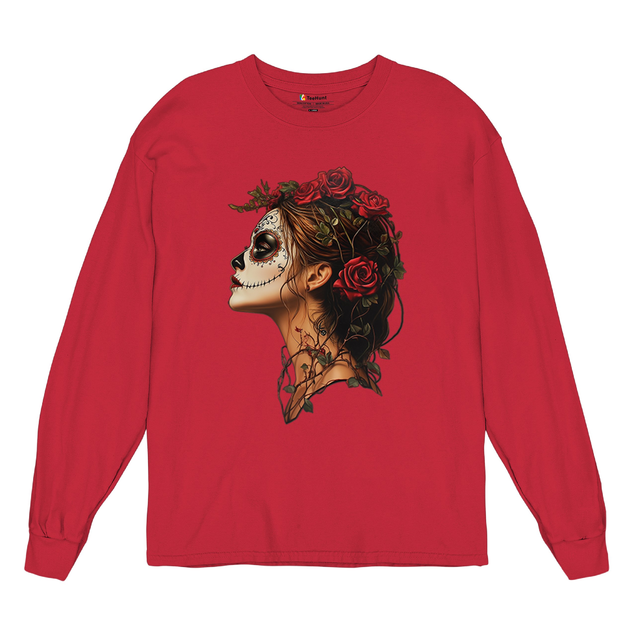 Sugar Skull Profile Long Sleeve T-shirt Dia de Los Muertos Skeleton Face Floral - Picture 27 of 78