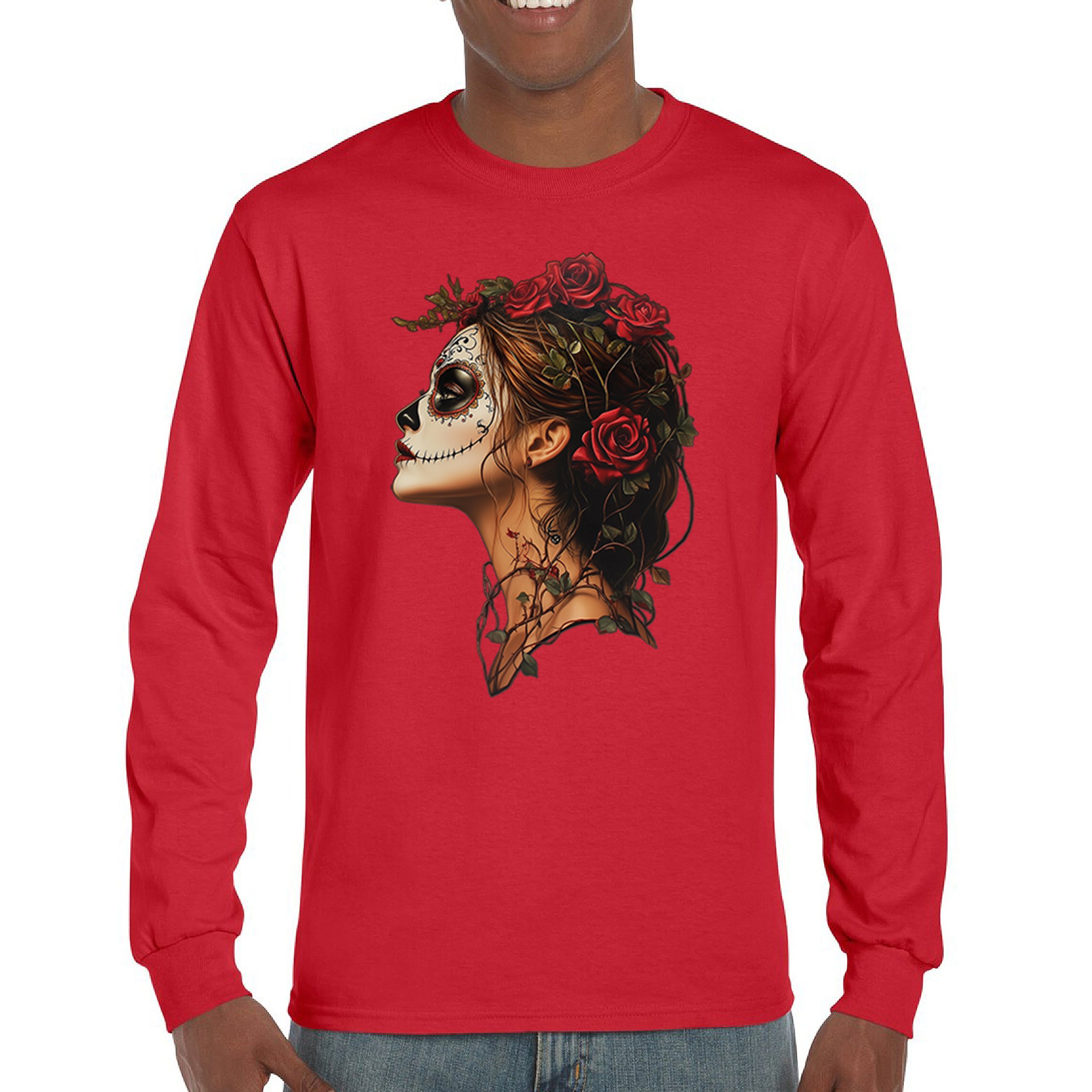 Sugar Skull Profile Long Sleeve T-shirt Dia de Los Muertos Skeleton Face Floral - Picture 23 of 78