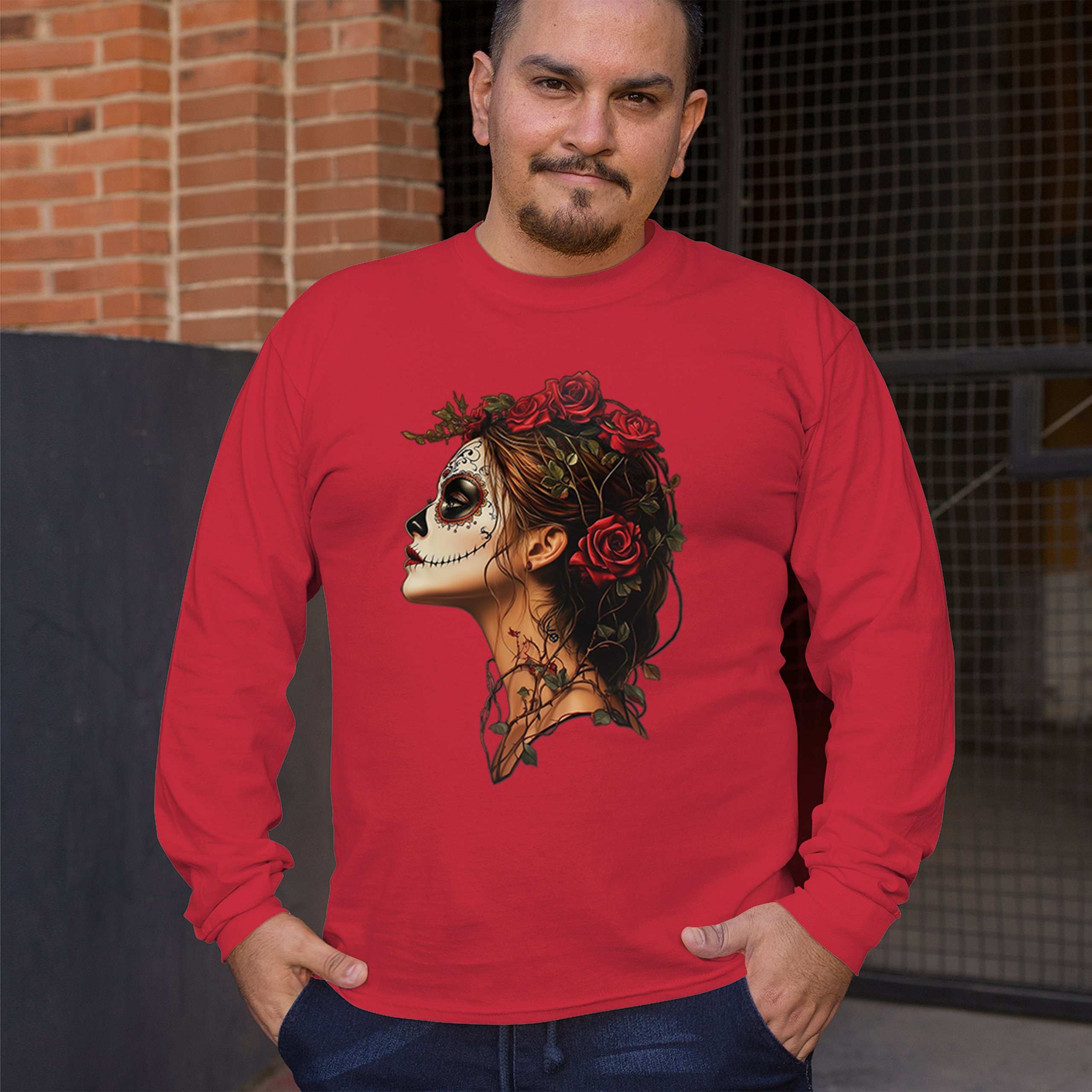 Sugar Skull Profile Long Sleeve T-shirt Dia de Los Muertos Skeleton Face Floral - Picture 26 of 78