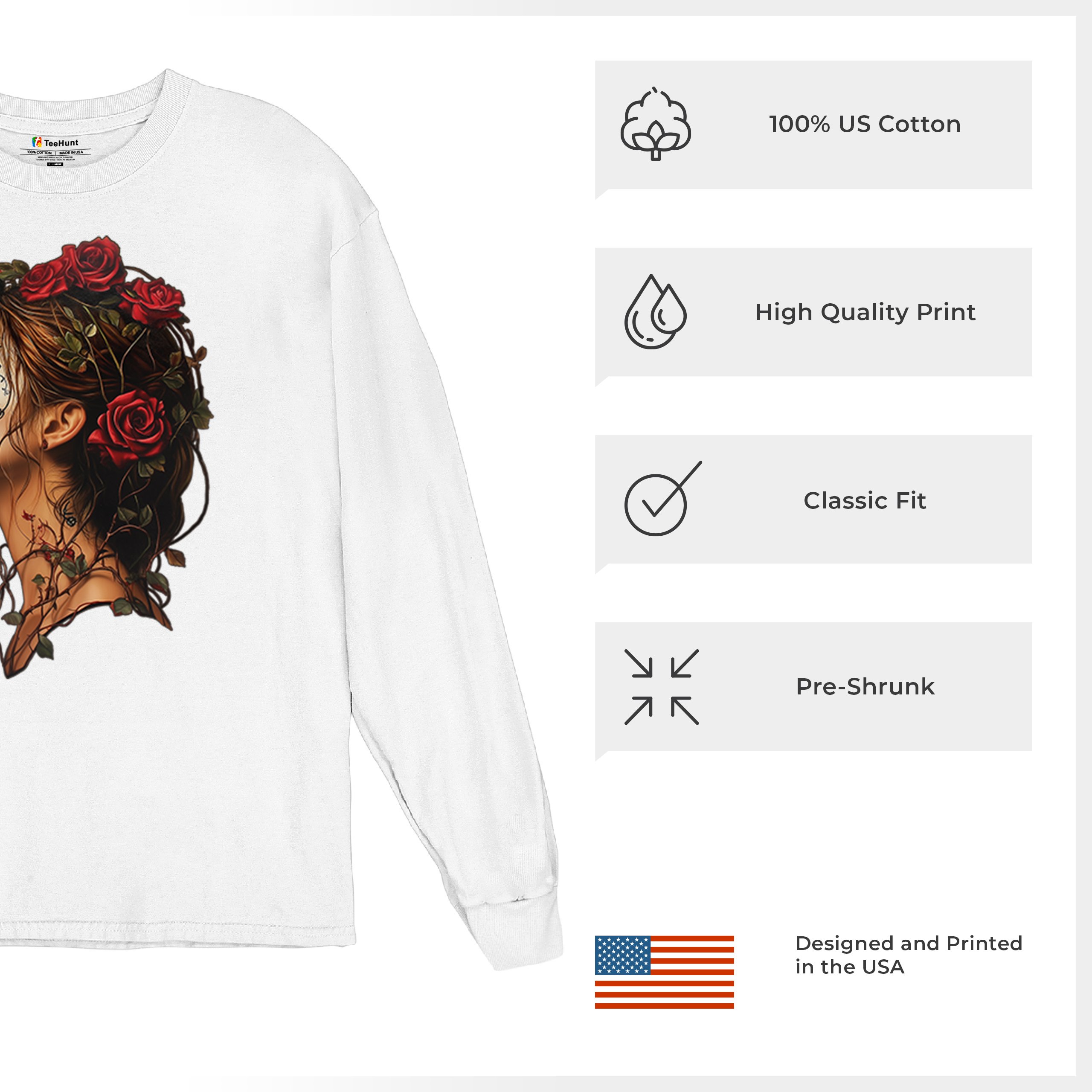 Sugar Skull Profile Long Sleeve T-shirt Dia de Los Muertos Skeleton Face Floral - Picture 35 of 78
