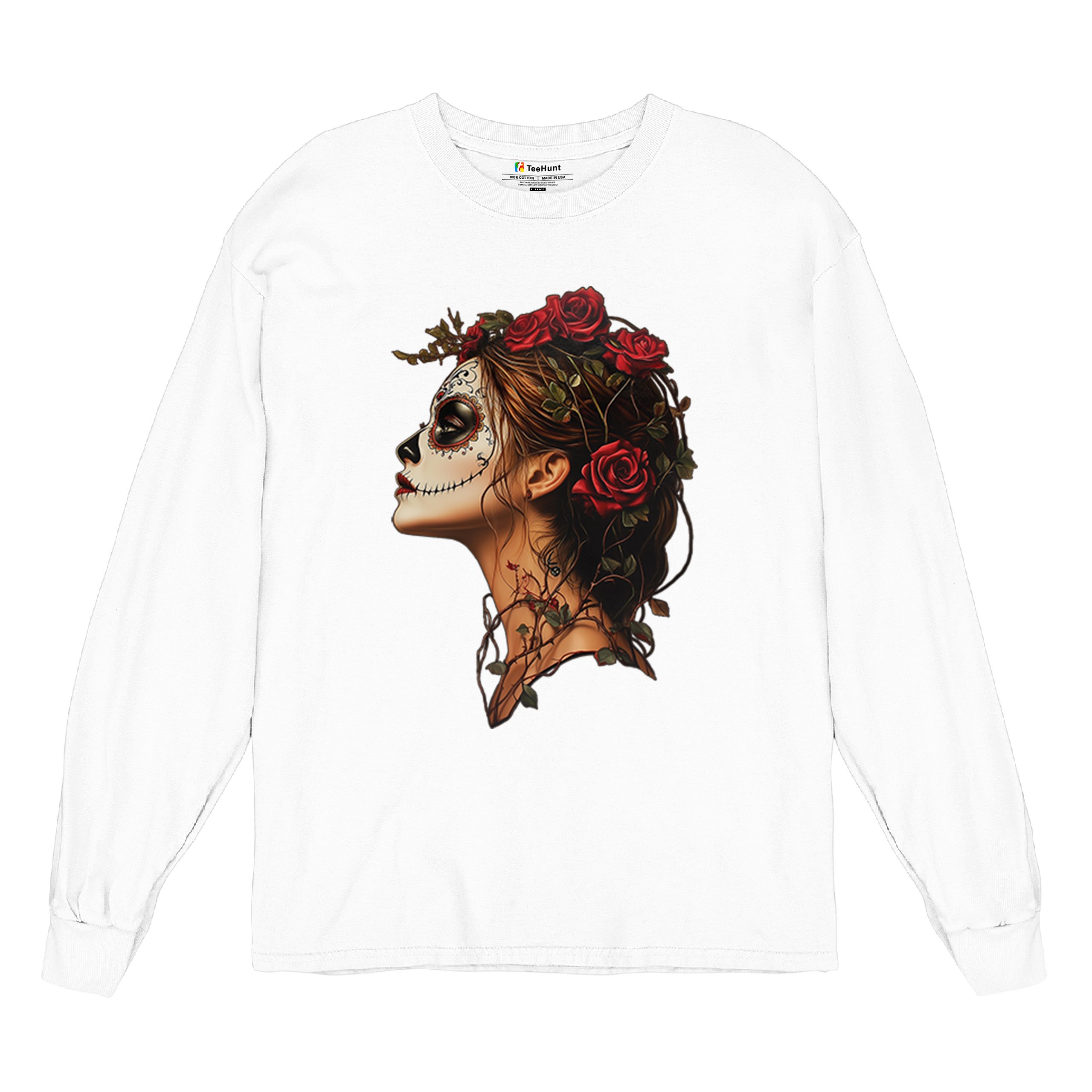 Sugar Skull Profile Long Sleeve T-shirt Dia de Los Muertos Skeleton Face Floral - Picture 34 of 78