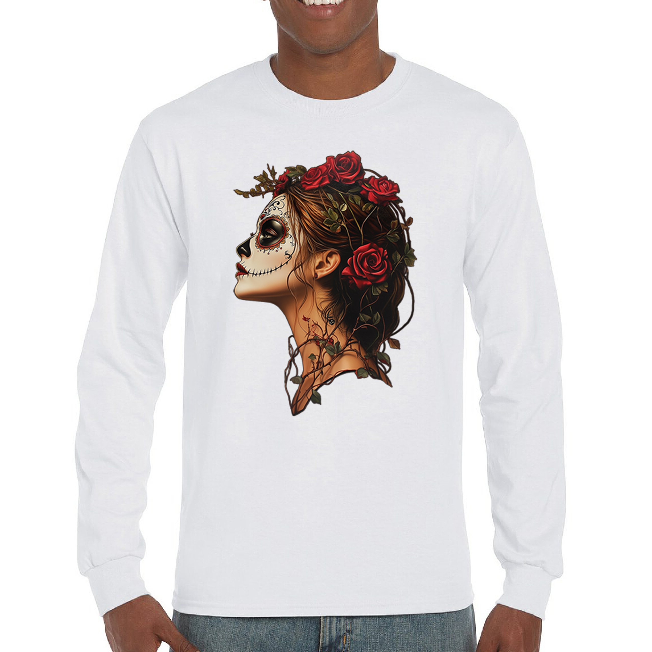 Sugar Skull Profile Long Sleeve T-shirt Dia de Los Muertos Skeleton Face Floral - Picture 30 of 78