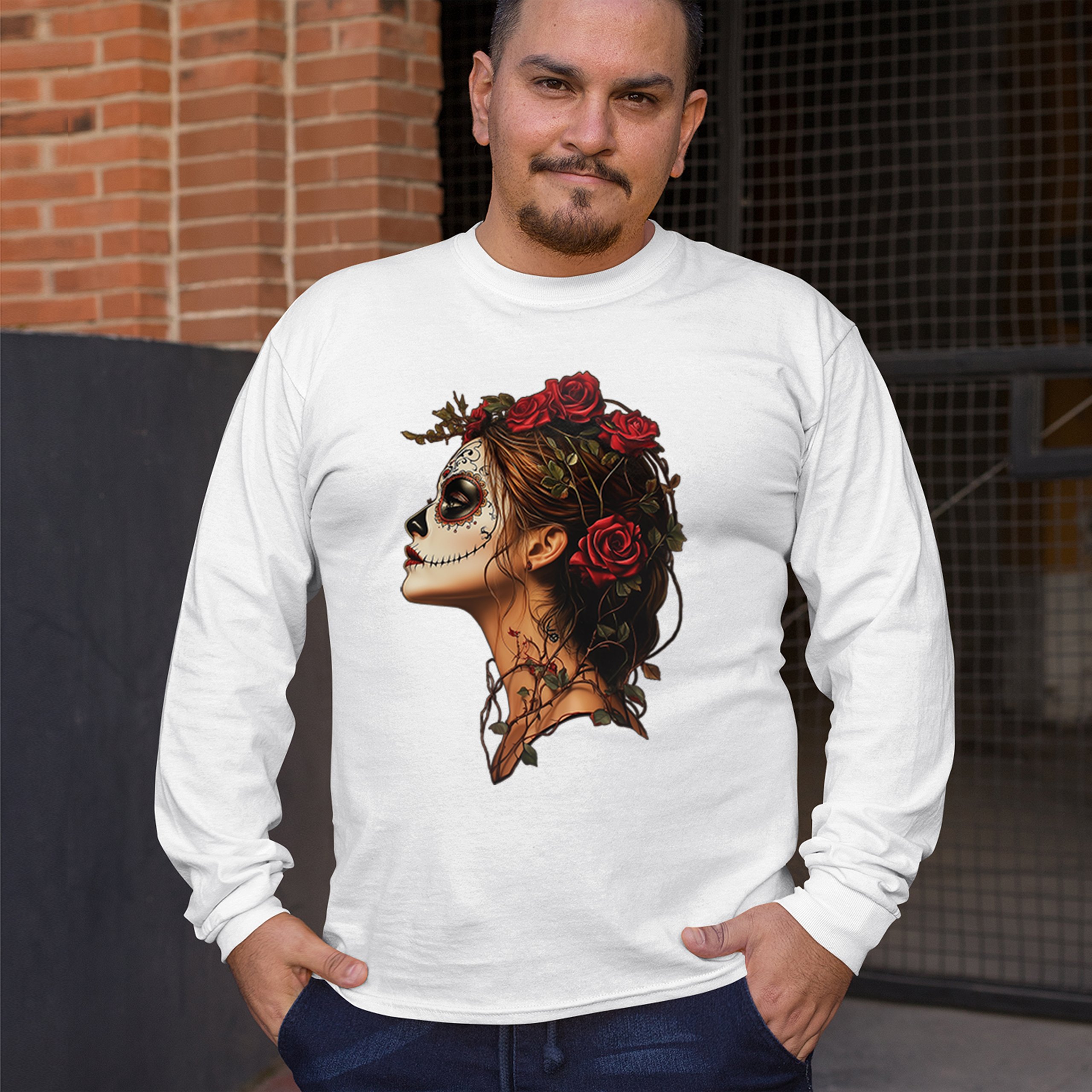 Sugar Skull Profile Long Sleeve T-shirt Dia de Los Muertos Skeleton Face Floral - Picture 33 of 78