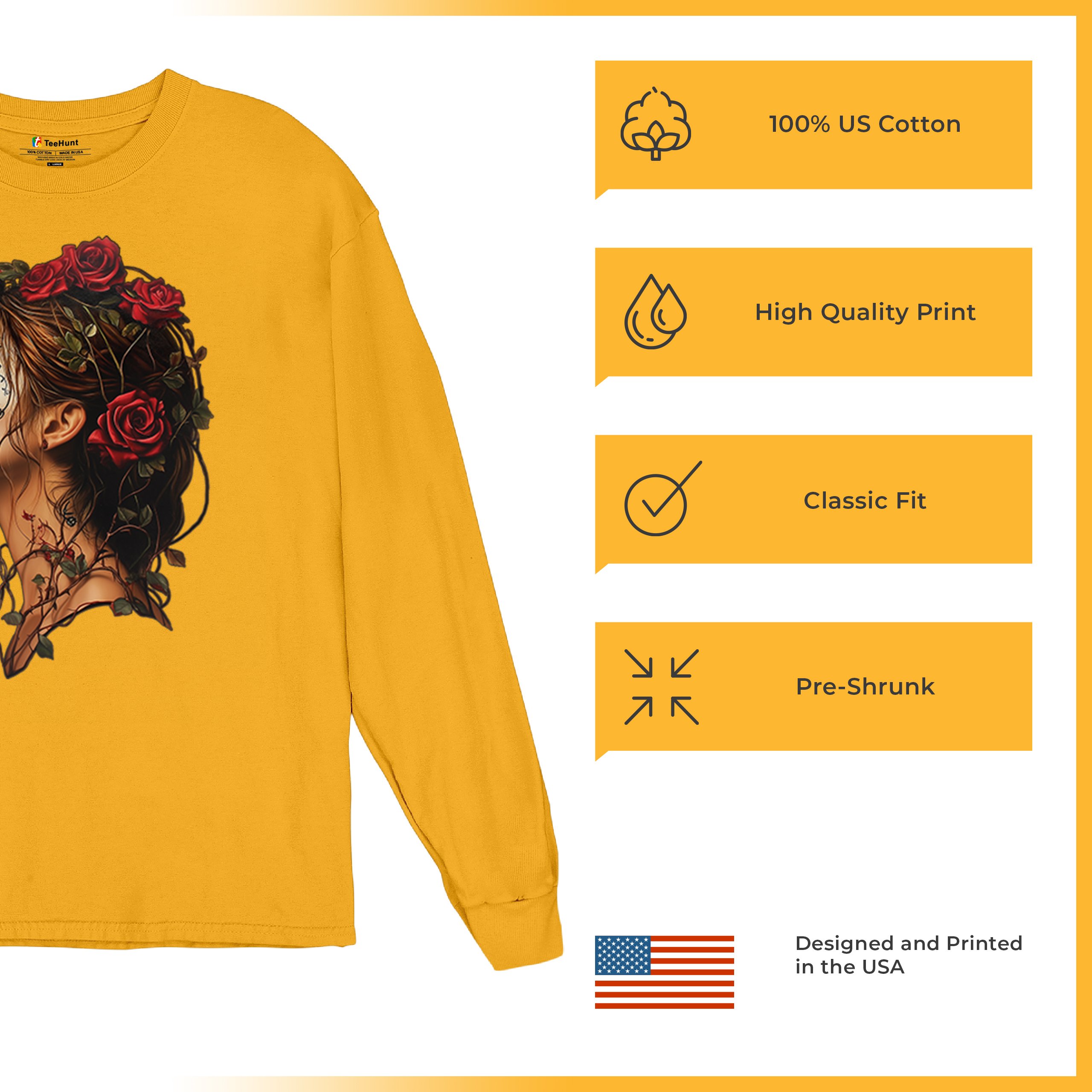 Sugar Skull Profile Long Sleeve T-shirt Dia de Los Muertos Skeleton Face Floral - Picture 70 of 78