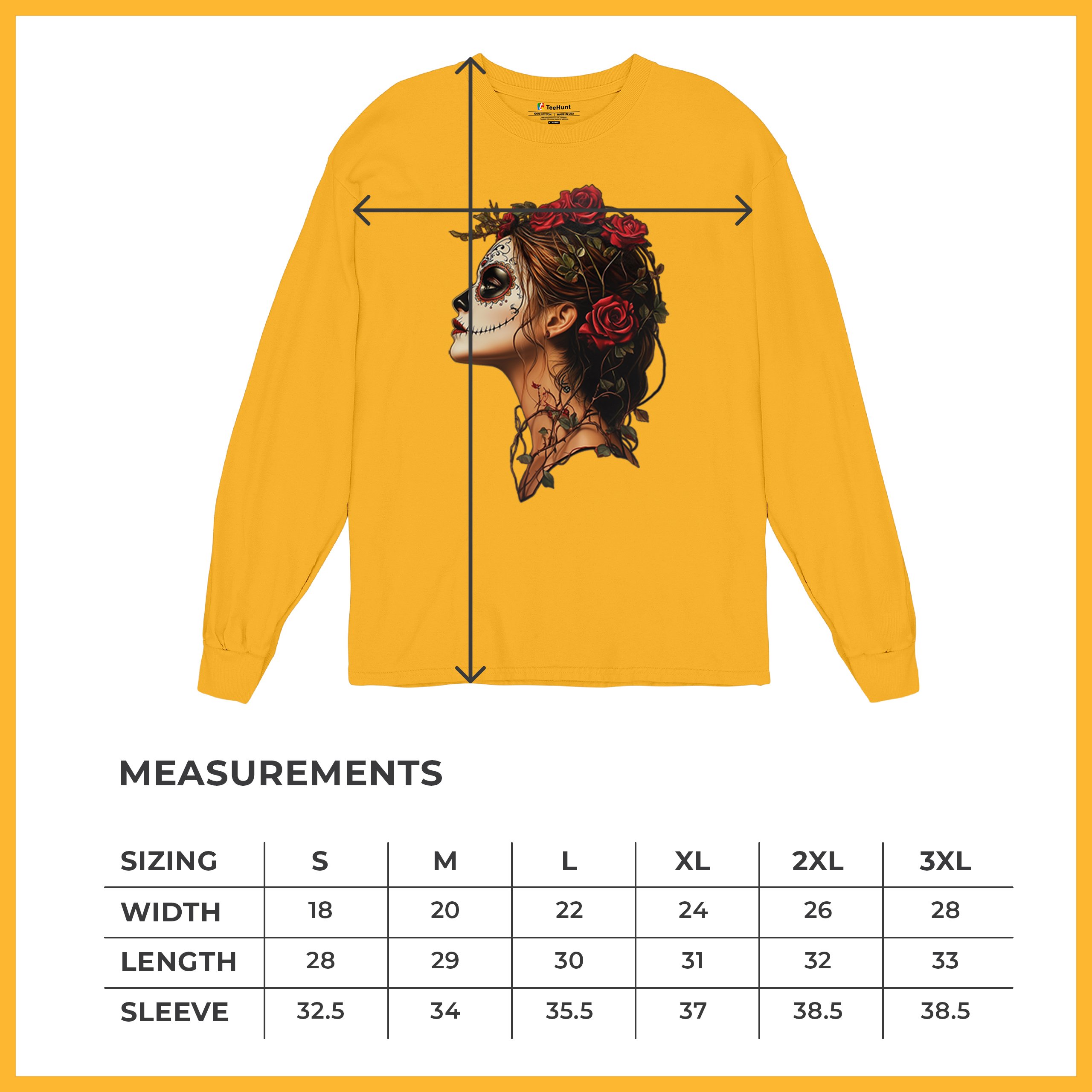 Sugar Skull Profile Long Sleeve T-shirt Dia de Los Muertos Skeleton Face Floral - Picture 71 of 78