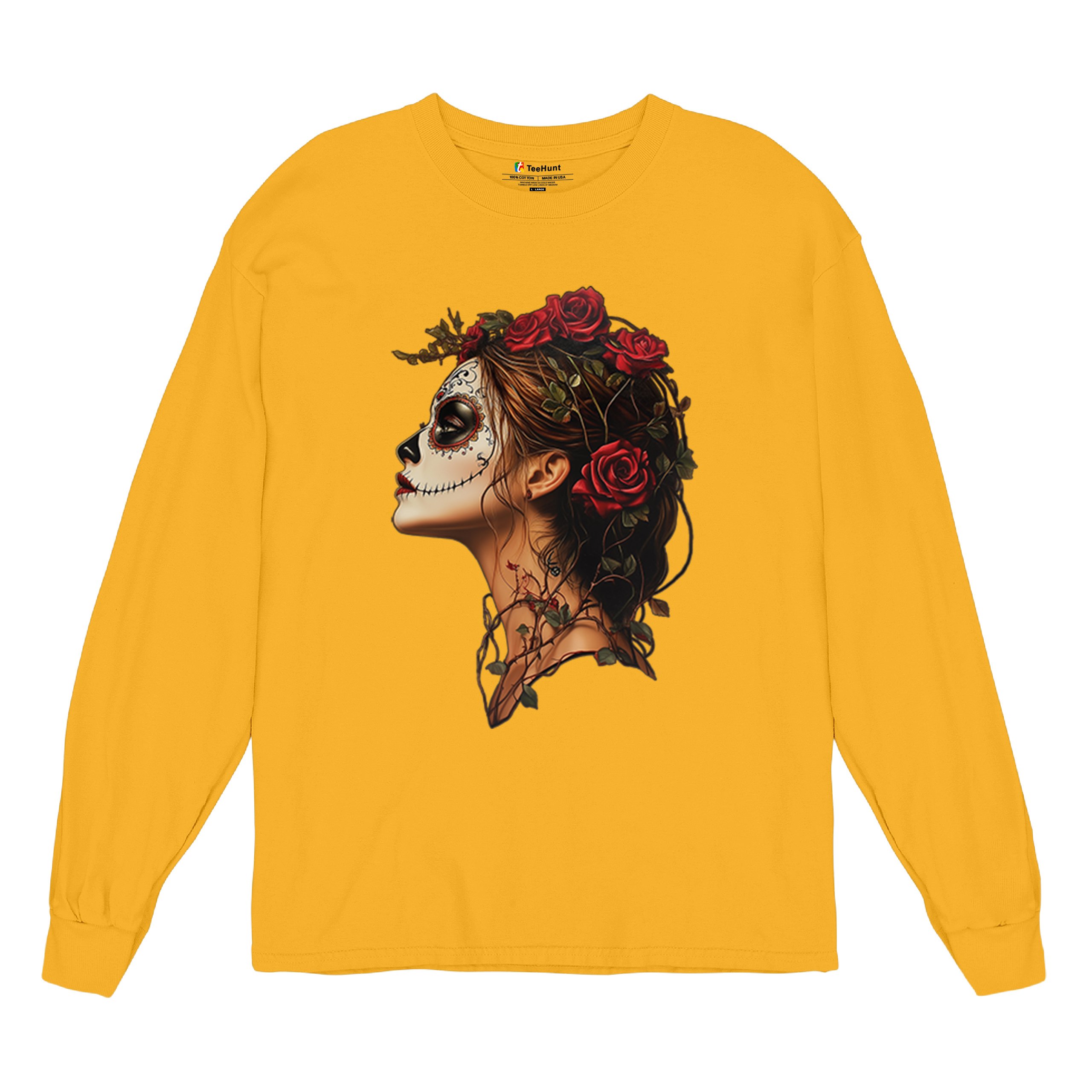 Sugar Skull Profile Long Sleeve T-shirt Dia de Los Muertos Skeleton Face Floral - Picture 69 of 78