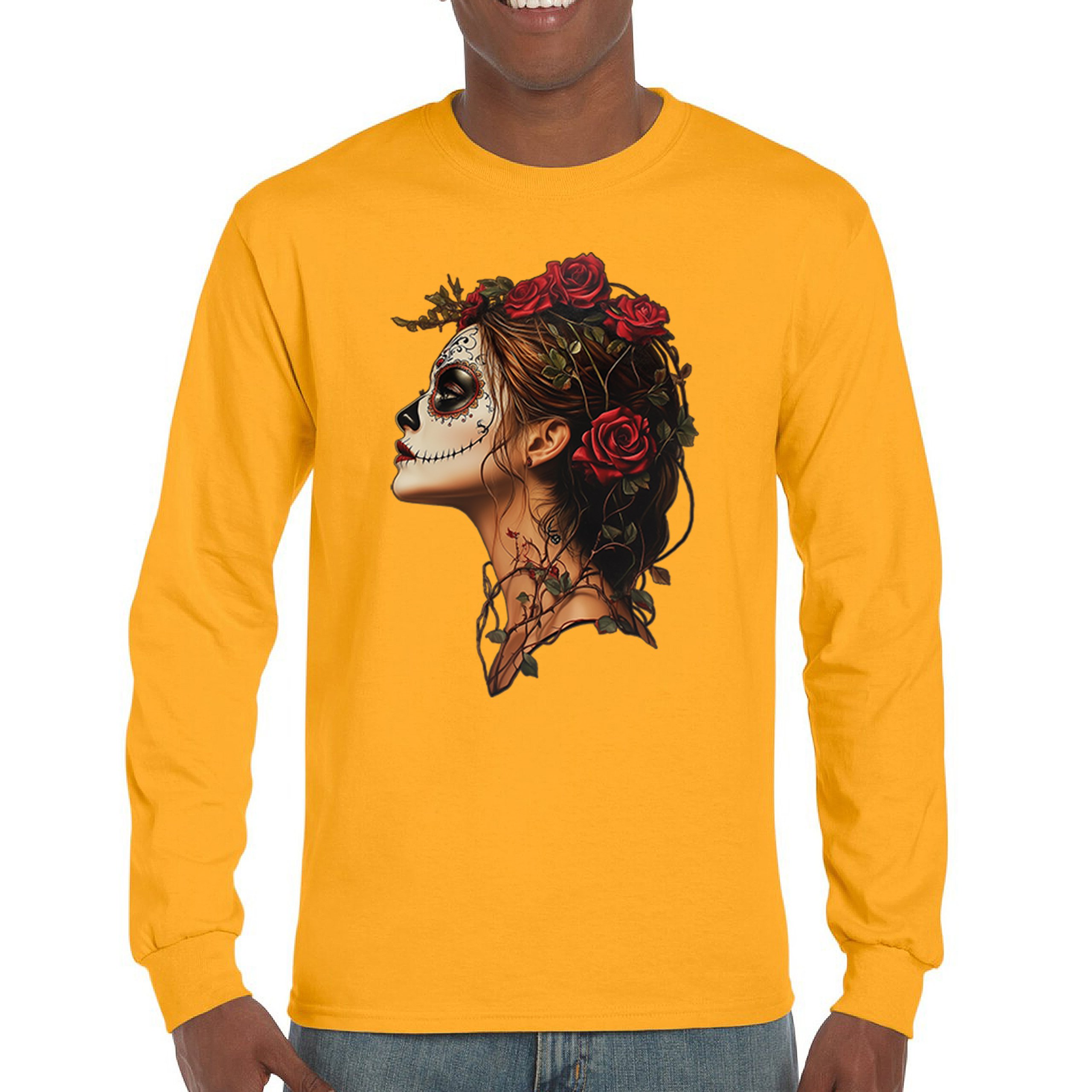 Sugar Skull Profile Long Sleeve T-shirt Dia de Los Muertos Skeleton Face Floral - Picture 65 of 78