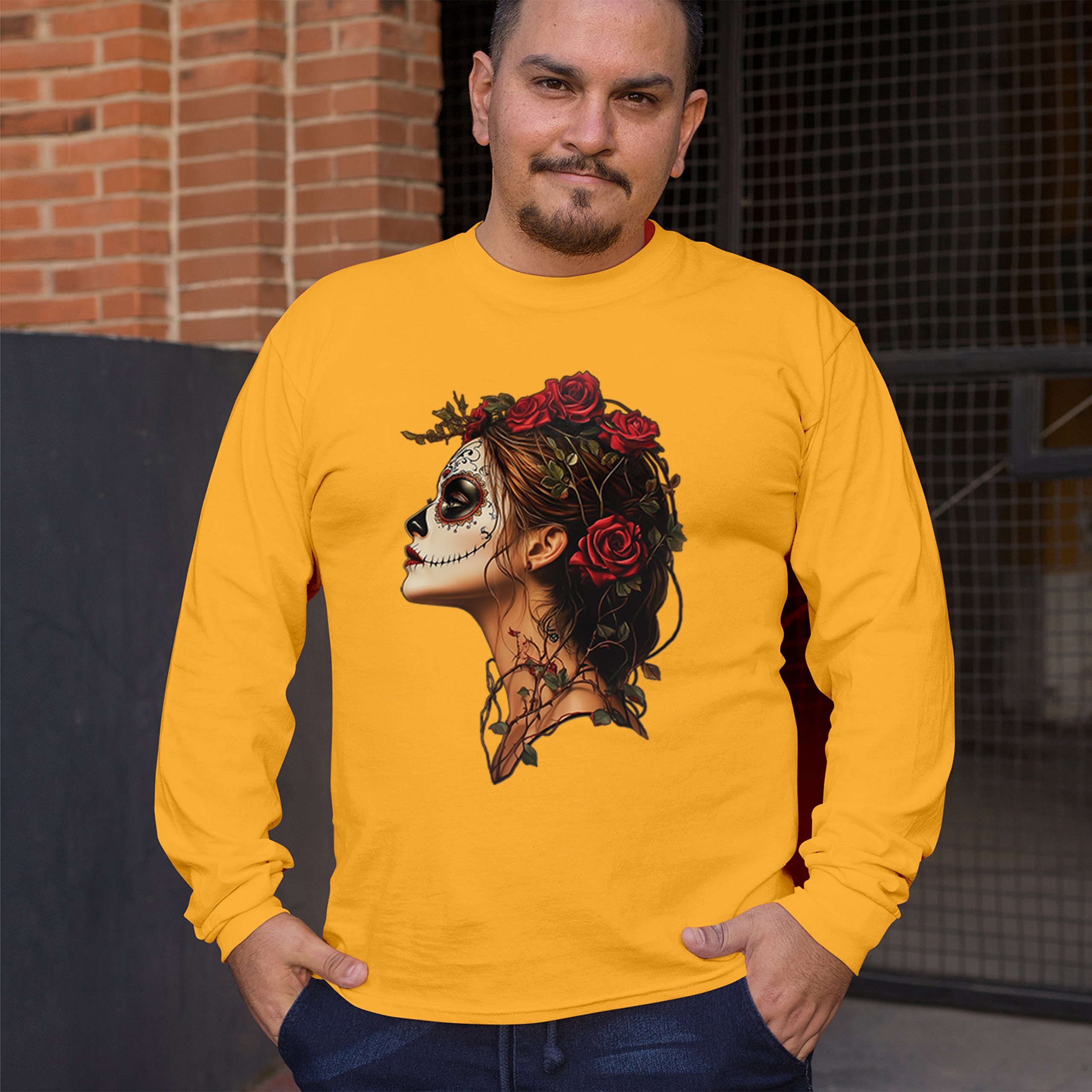 Sugar Skull Profile Long Sleeve T-shirt Dia de Los Muertos Skeleton Face Floral - Picture 68 of 78
