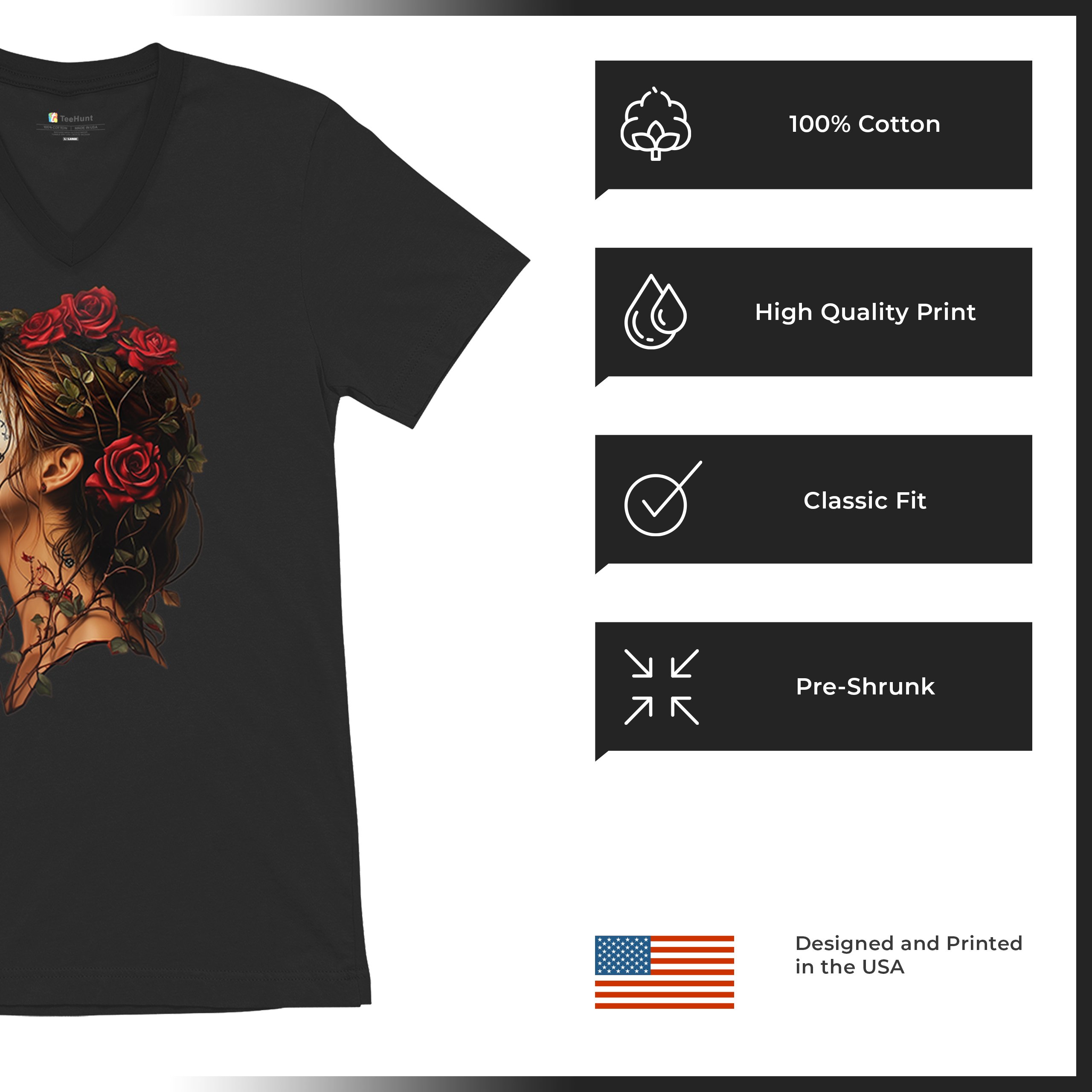 Camiseta Sugar Skull Profile Cuello en V Día de Los Muertos Camiseta Floral Cara Esqueleto - Imagen 7 de 29