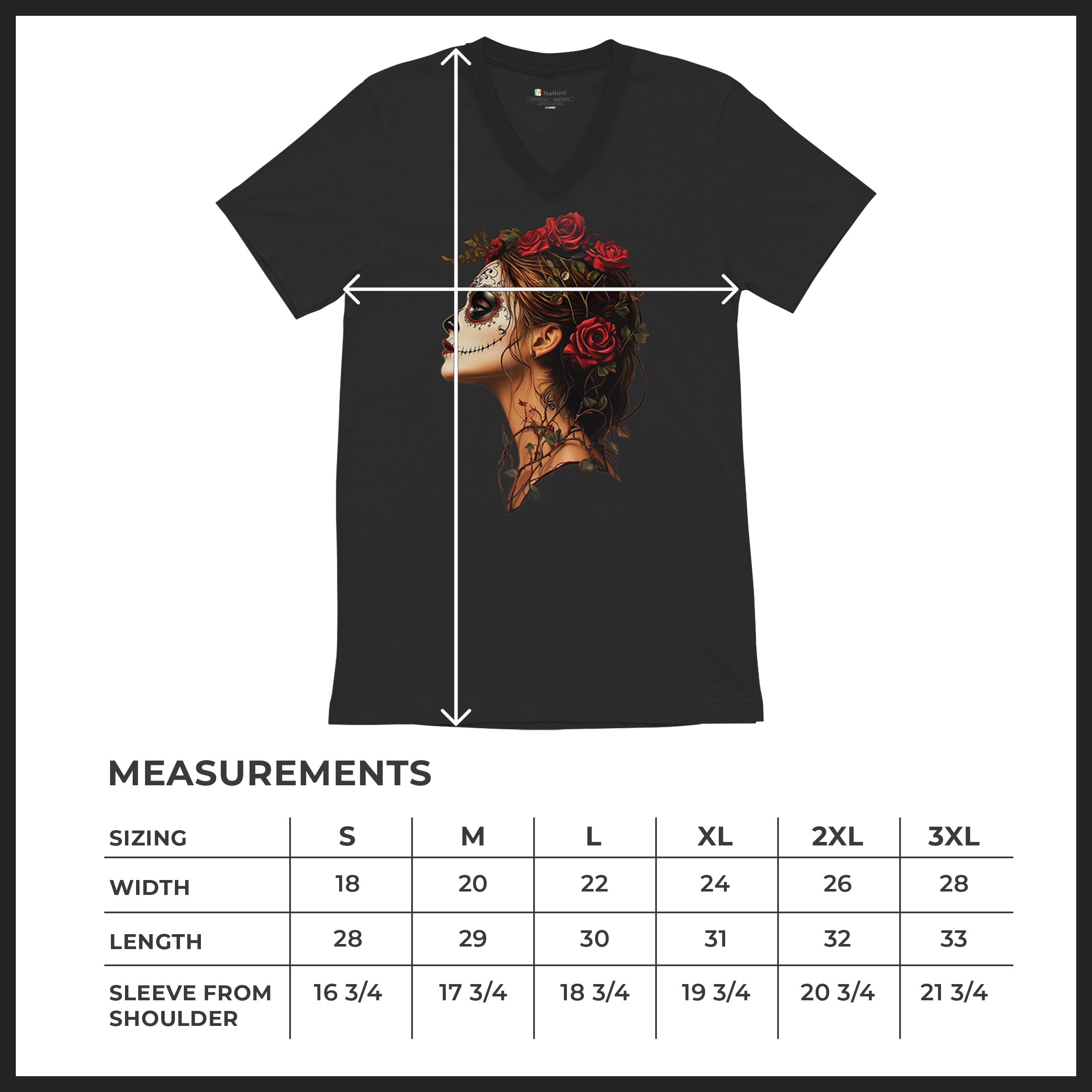 Camiseta Sugar Skull Profile Cuello en V Día de Los Muertos Camiseta Floral Cara Esqueleto - Imagen 8 de 29