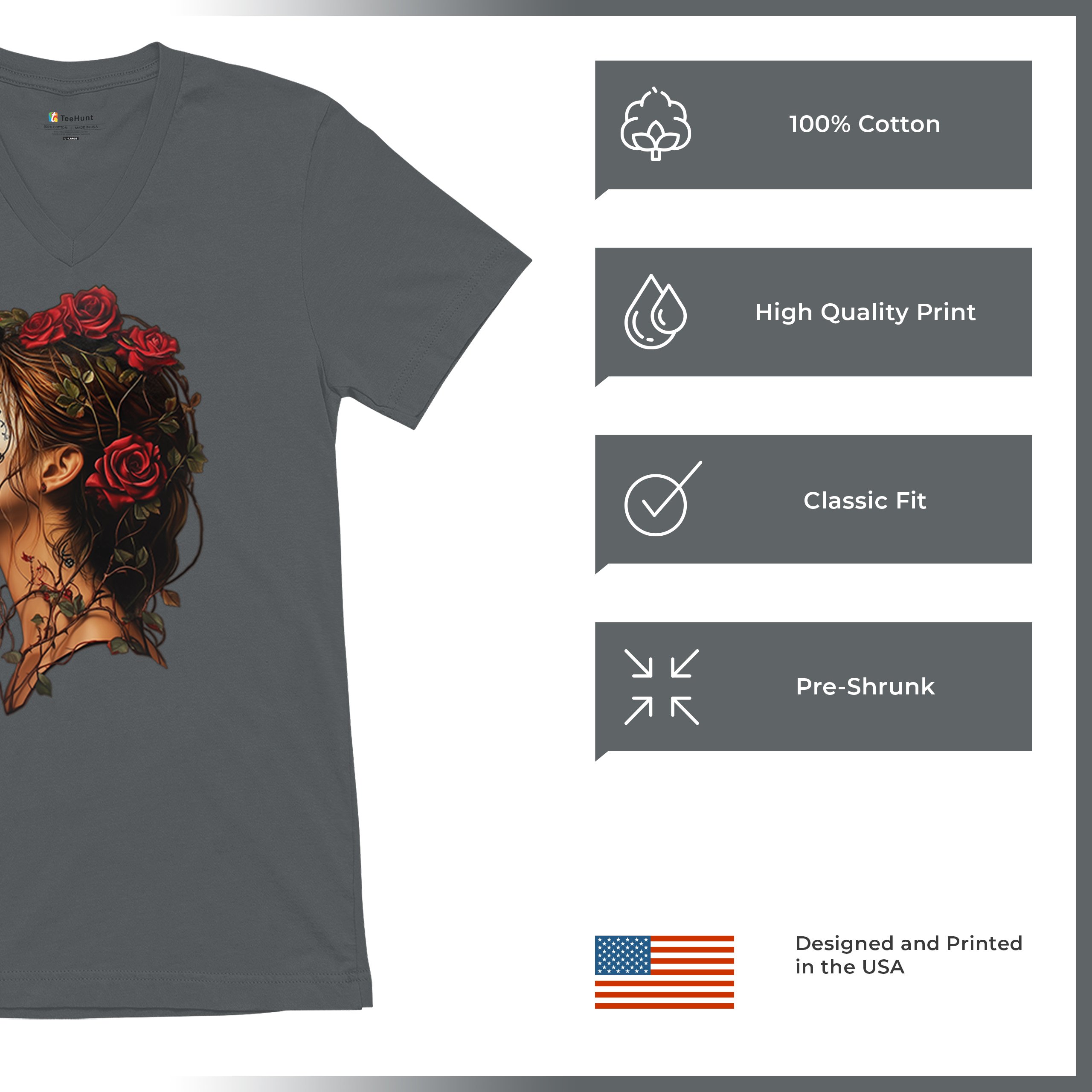 Camiseta Sugar Skull Profile Cuello en V Día de Los Muertos Camiseta Floral Cara Esqueleto - Imagen 28 de 29