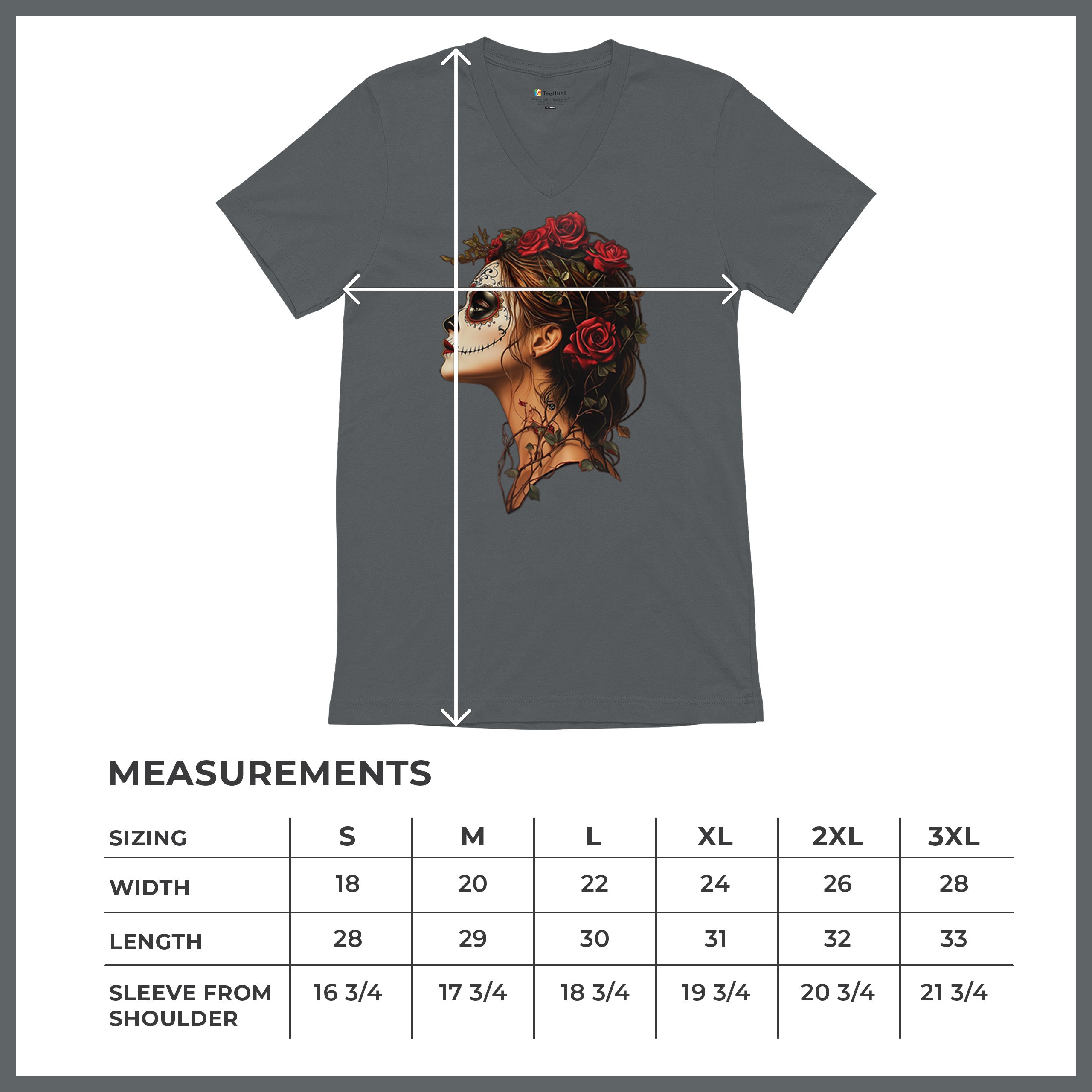 Camiseta Sugar Skull Profile Cuello en V Día de Los Muertos Camiseta Floral Cara Esqueleto - Imagen 29 de 29