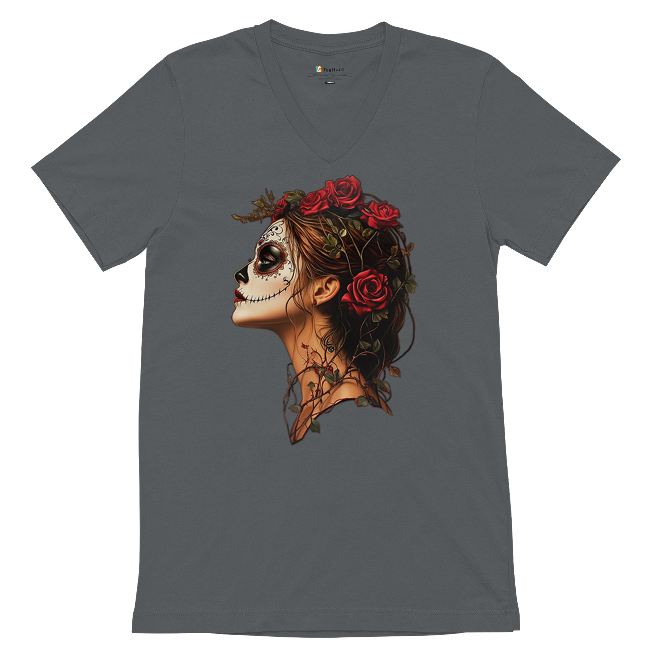 Camiseta Sugar Skull Profile Cuello en V Día de Los Muertos Camiseta Floral Cara Esqueleto - Imagen 27 de 29