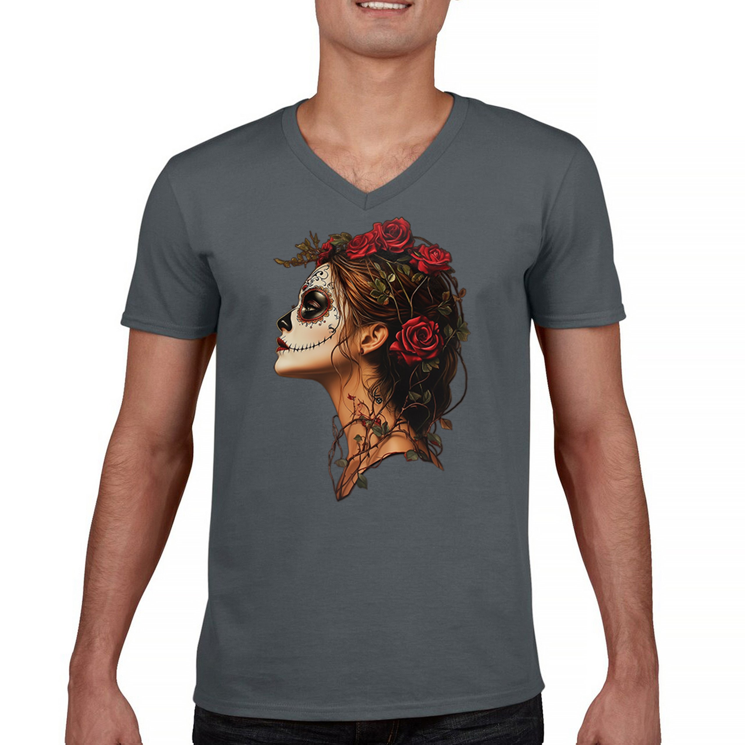 Camiseta Sugar Skull Profile Cuello en V Día de Los Muertos Camiseta Floral Cara Esqueleto - Imagen 23 de 29