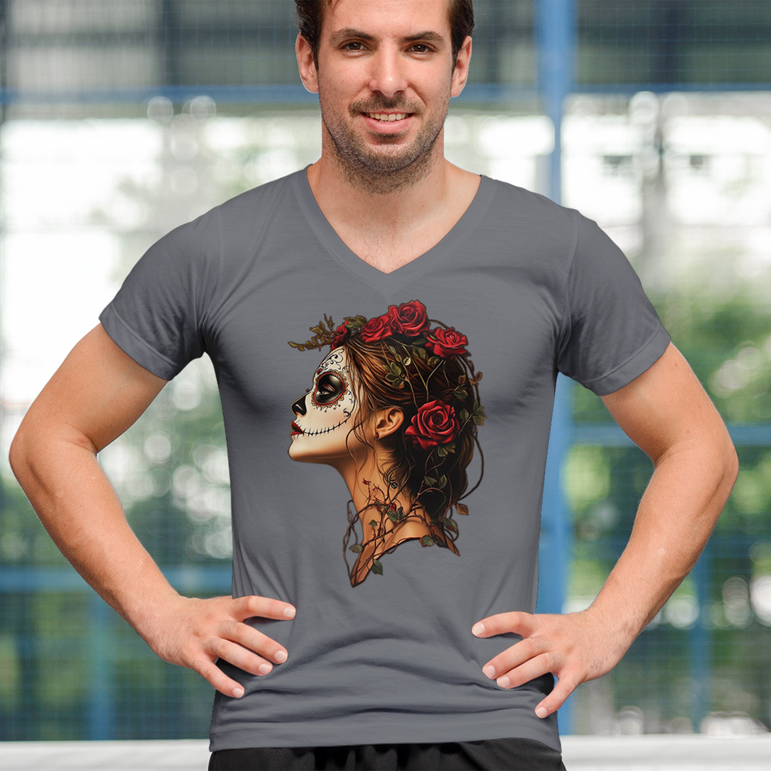 Camiseta Sugar Skull Profile Cuello en V Día de Los Muertos Camiseta Floral Cara Esqueleto - Imagen 26 de 29