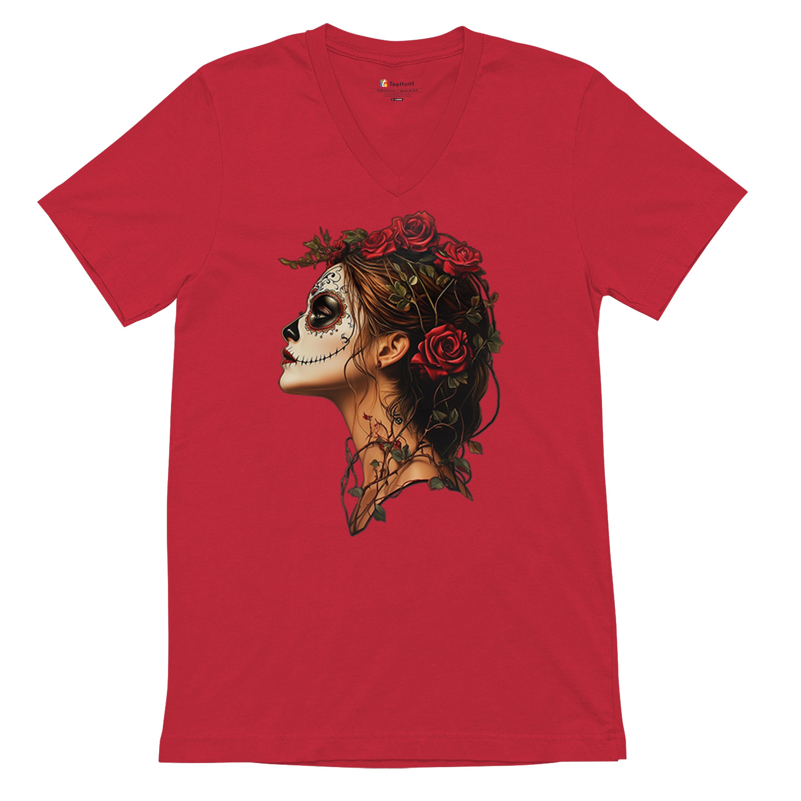 Camiseta Sugar Skull Profile Cuello en V Día de Los Muertos Camiseta Floral Cara Esqueleto - Imagen 13 de 29