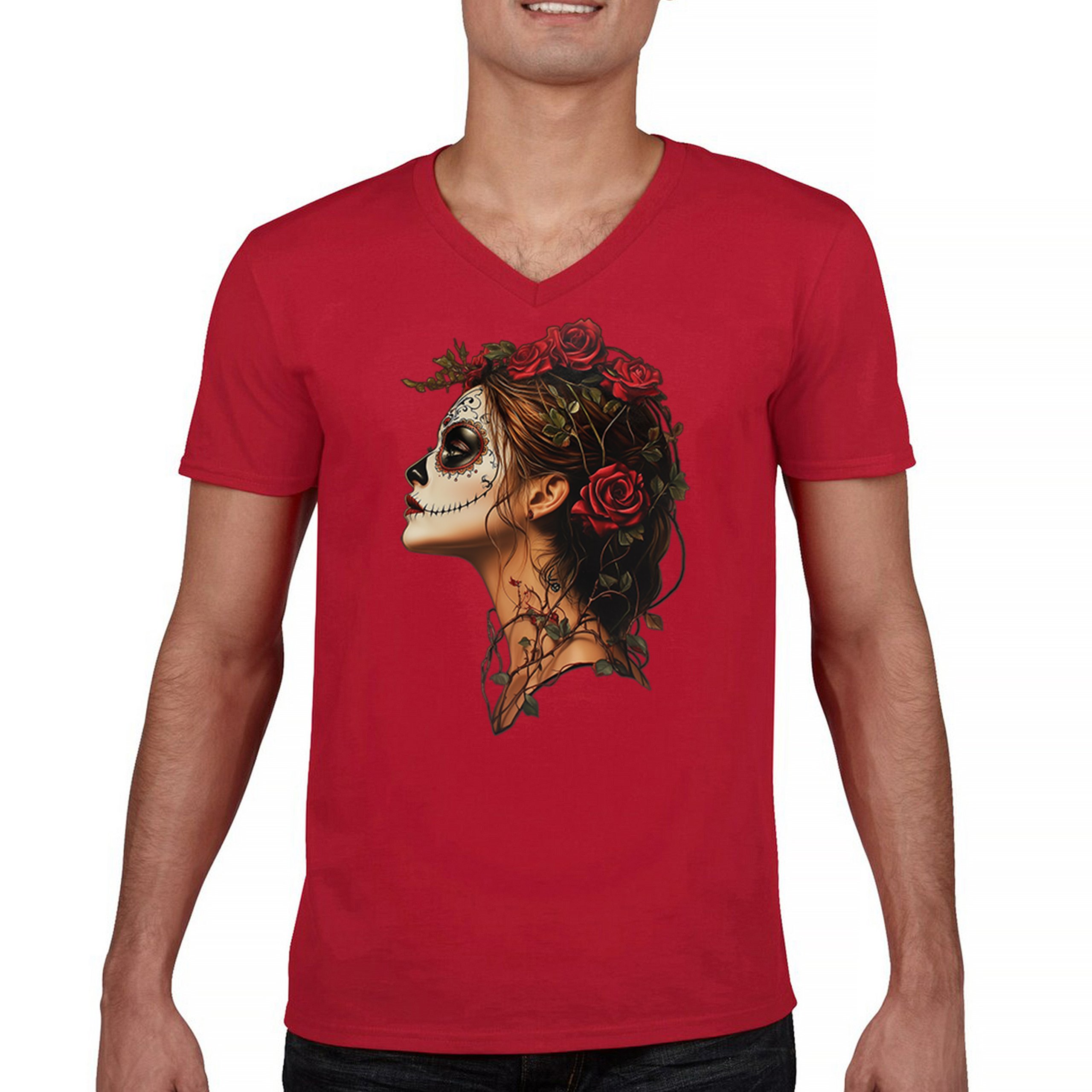 Camiseta Sugar Skull Profile Cuello en V Día de Los Muertos Camiseta Floral Cara Esqueleto - Imagen 9 de 29