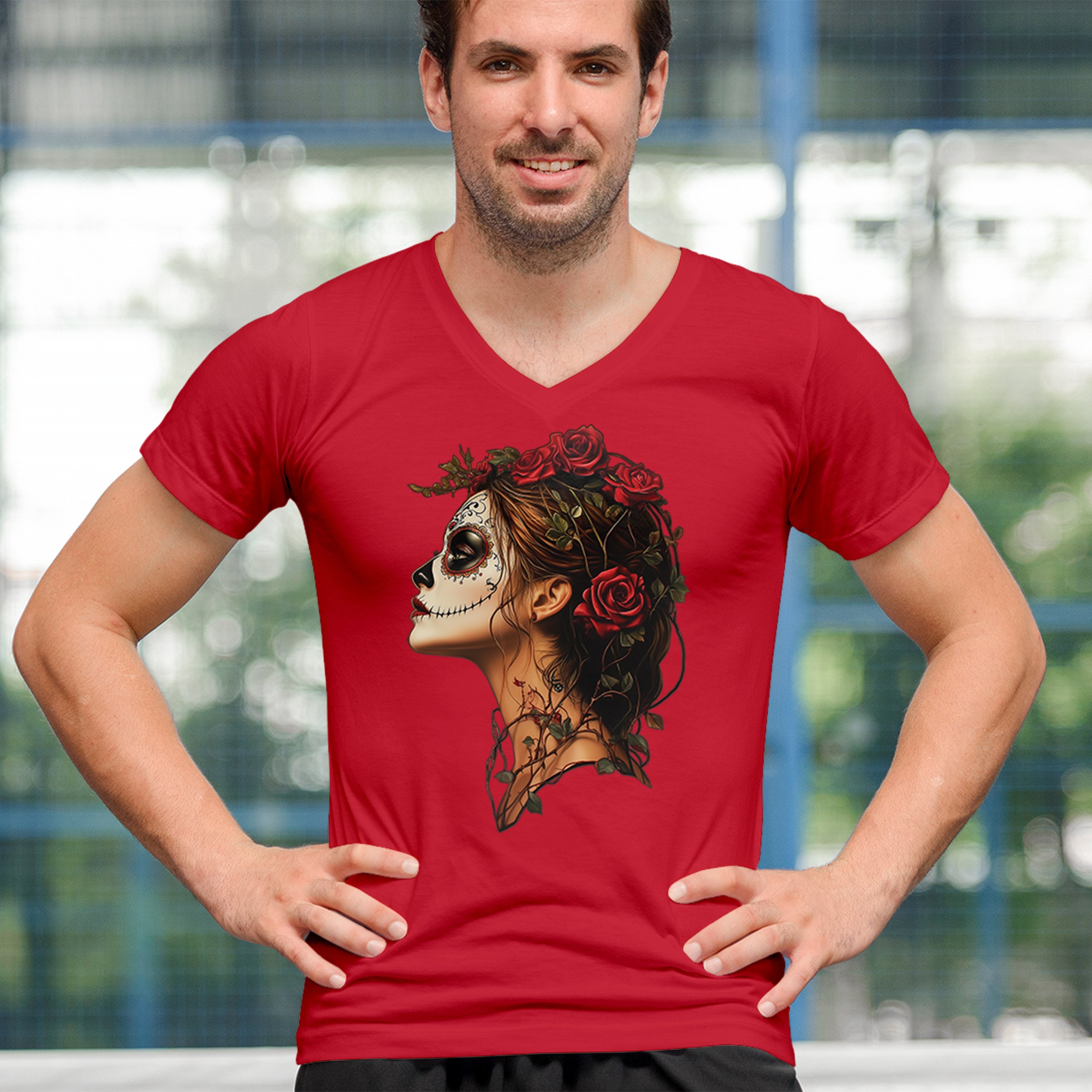 Camiseta Sugar Skull Profile Cuello en V Día de Los Muertos Camiseta Floral Cara Esqueleto - Imagen 12 de 29