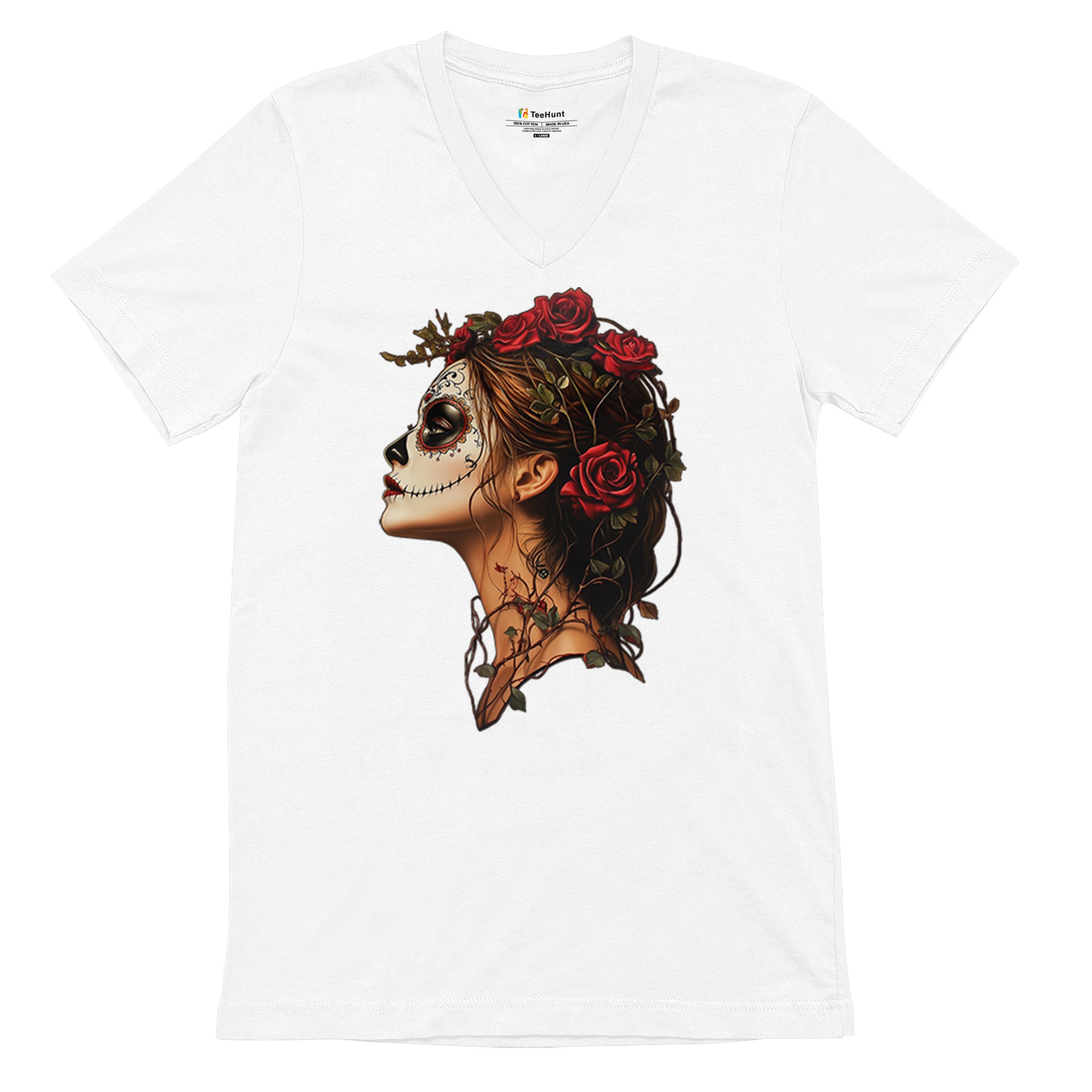 Camiseta Sugar Skull Profile Cuello en V Día de Los Muertos Camiseta Floral Cara Esqueleto - Imagen 20 de 29
