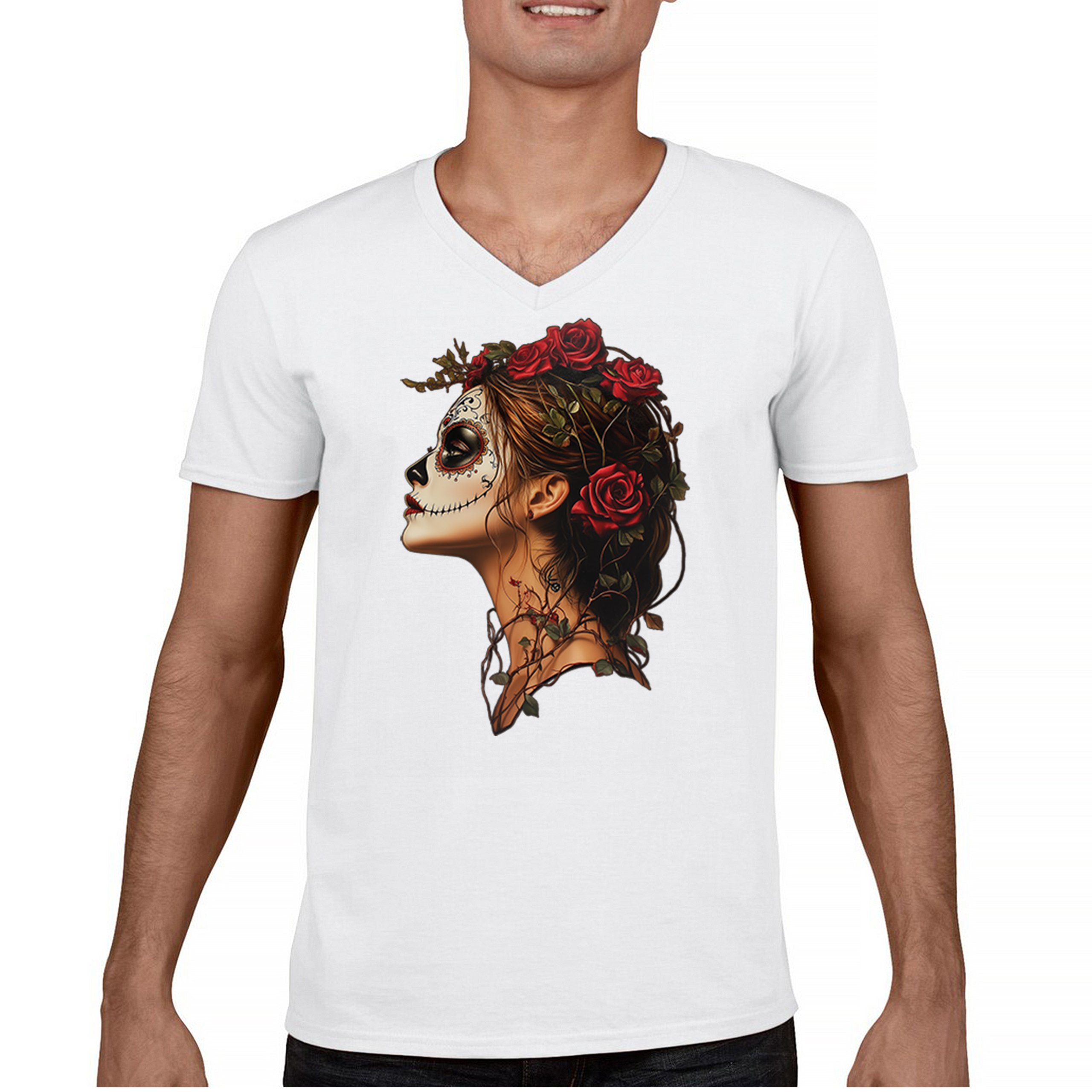 Camiseta Sugar Skull Profile Cuello en V Día de Los Muertos Camiseta Floral Cara Esqueleto - Imagen 16 de 29