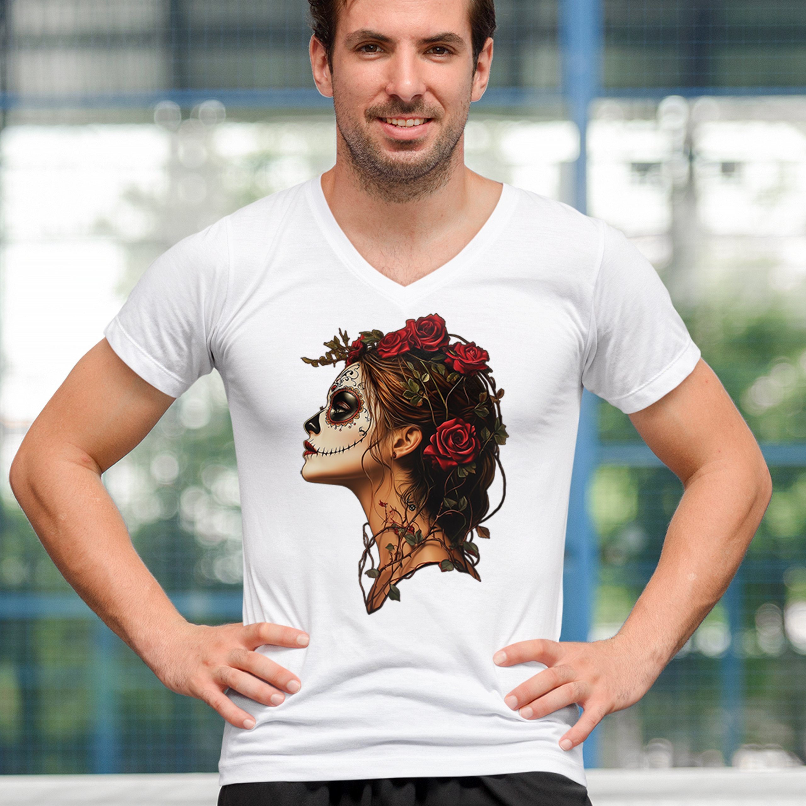 Camiseta Sugar Skull Profile Cuello en V Día de Los Muertos Camiseta Floral Cara Esqueleto - Imagen 19 de 29