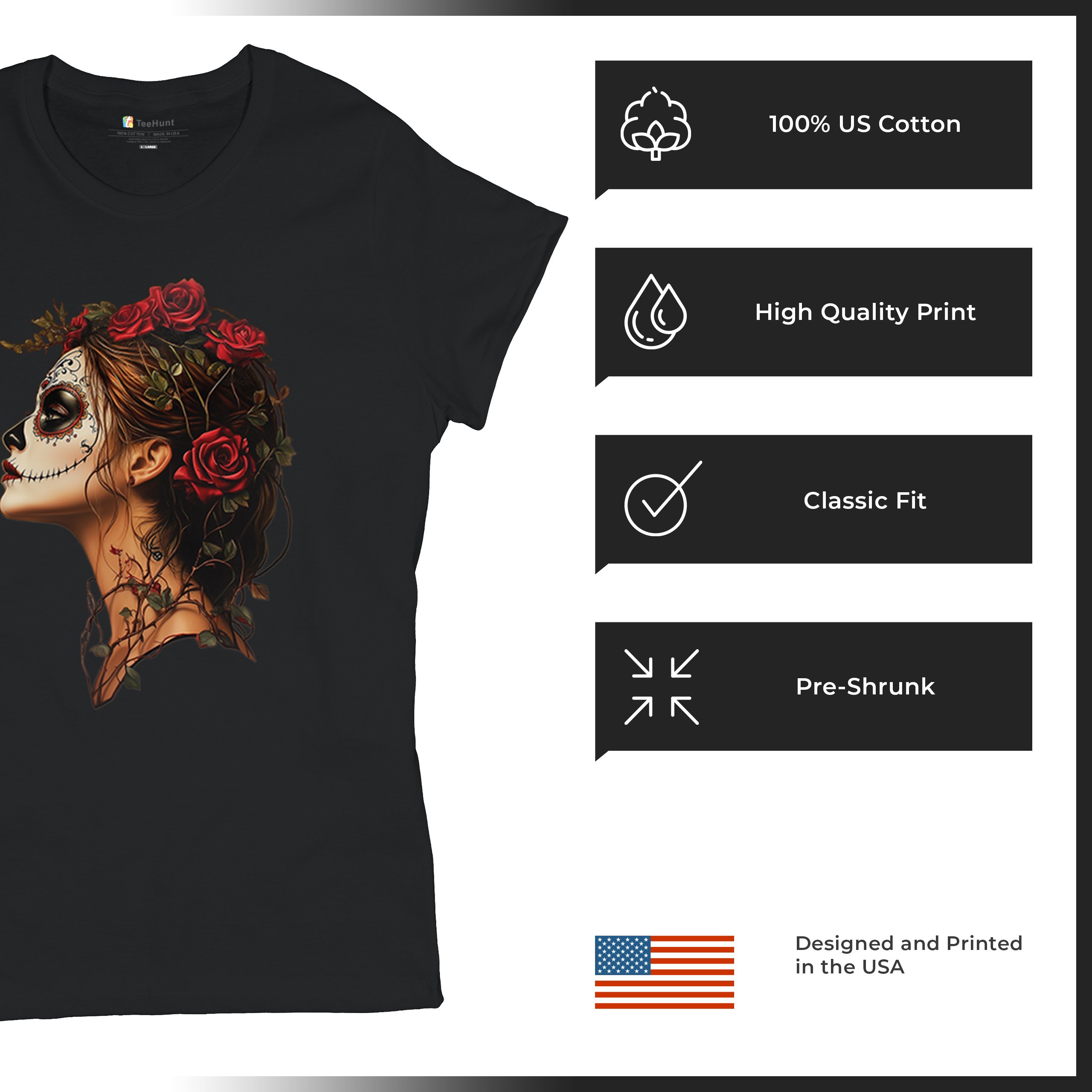 Sugar Skull Profile T-Shirt Dia de Los Muertos Skeleton Face Floral Women's Tee - Picture 7 of 50