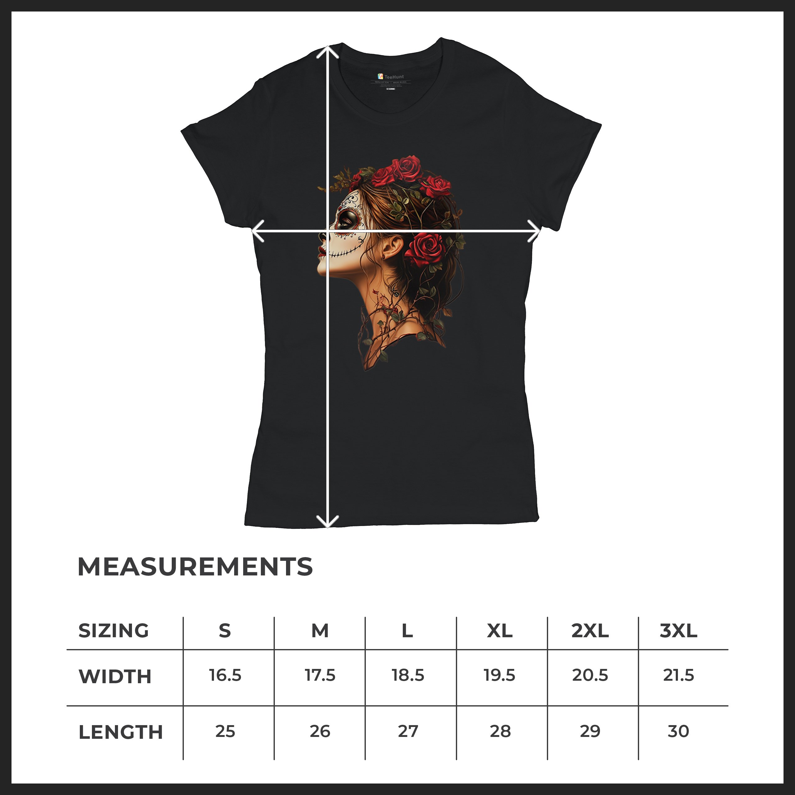 Sugar Skull Profile T-Shirt Dia de Los Muertos Skeleton Face Floral Women's Tee - Picture 8 of 50