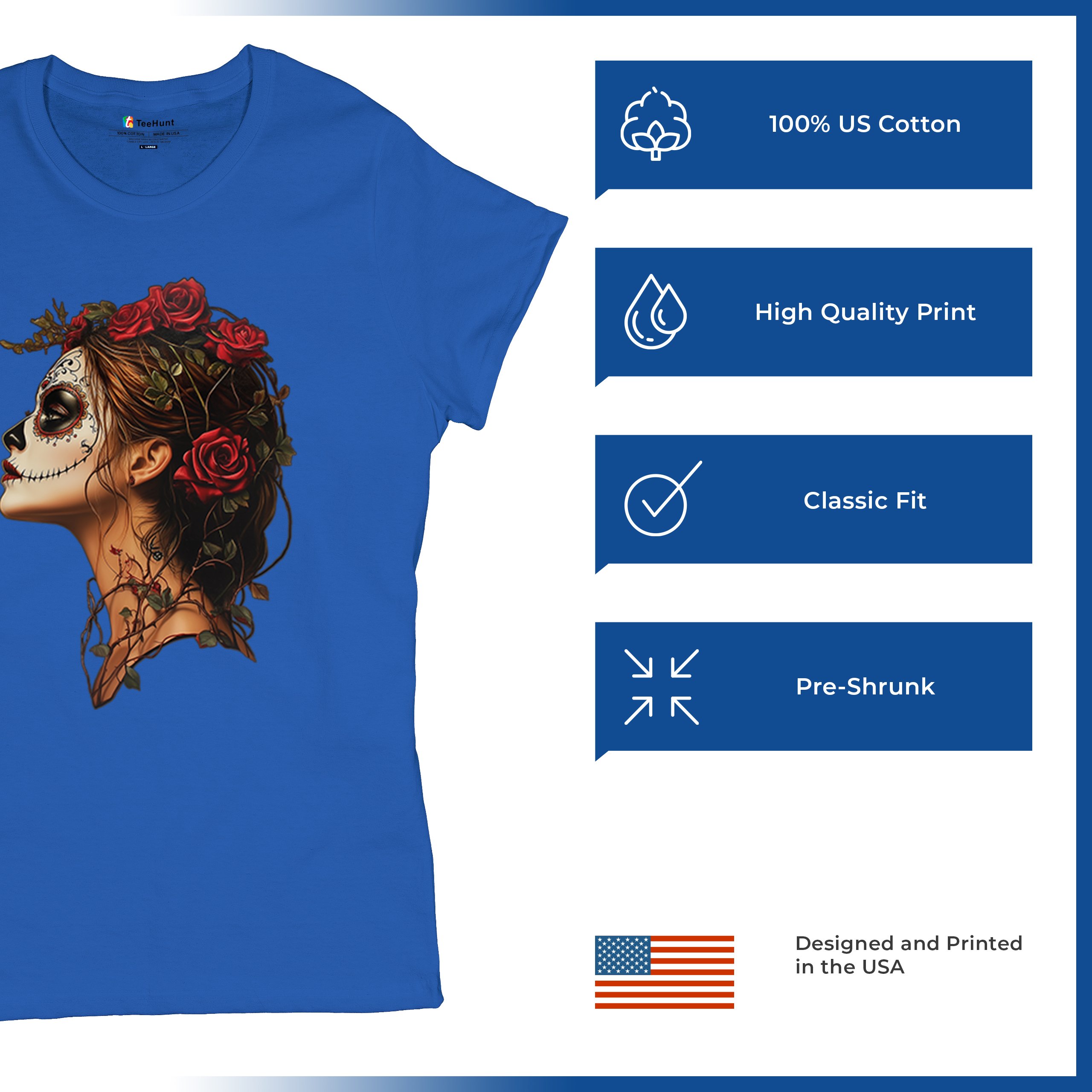 Sugar Skull Profile T-Shirt Dia de Los Muertos Skeleton Face Floral Women's Tee - Picture 35 of 50