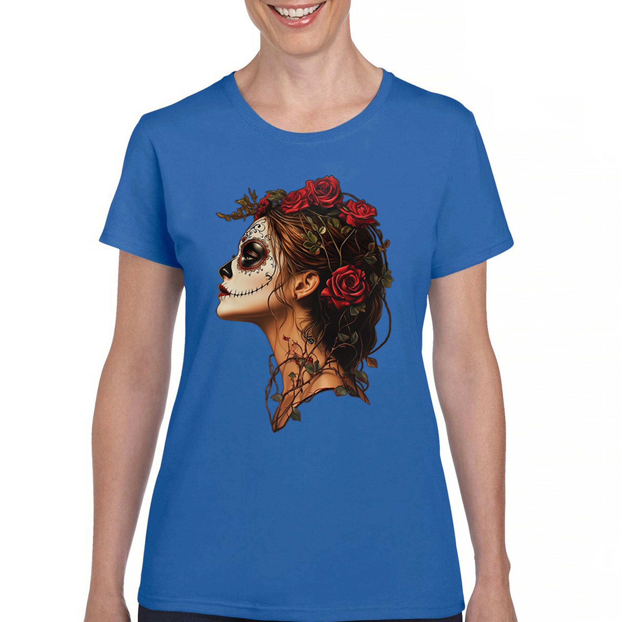 Sugar Skull Profile T-Shirt Dia de Los Muertos Skeleton Face Floral Women's Tee - Picture 30 of 50