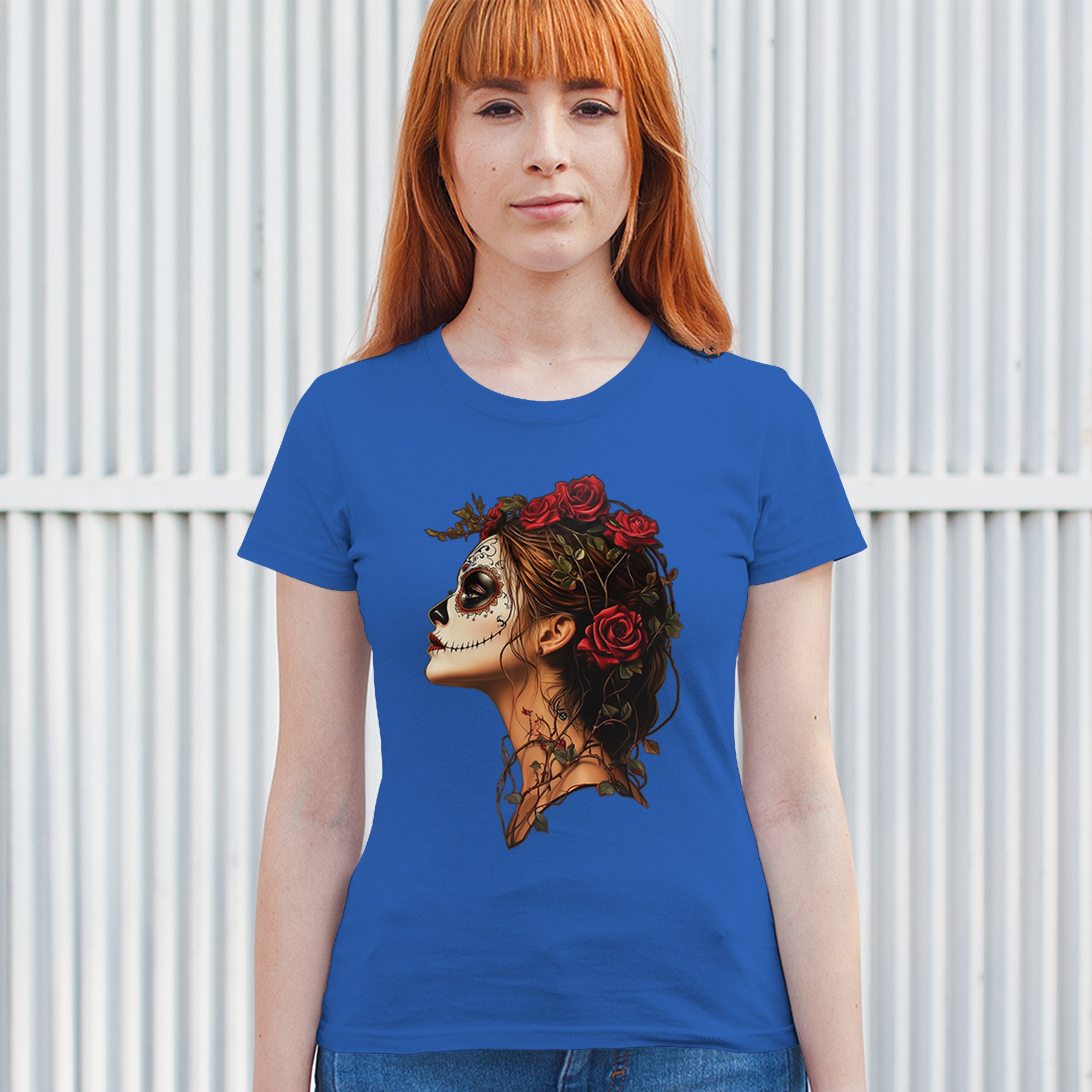 Sugar Skull Profile T-Shirt Dia de Los Muertos Skeleton Face Floral Women's Tee - Picture 33 of 50