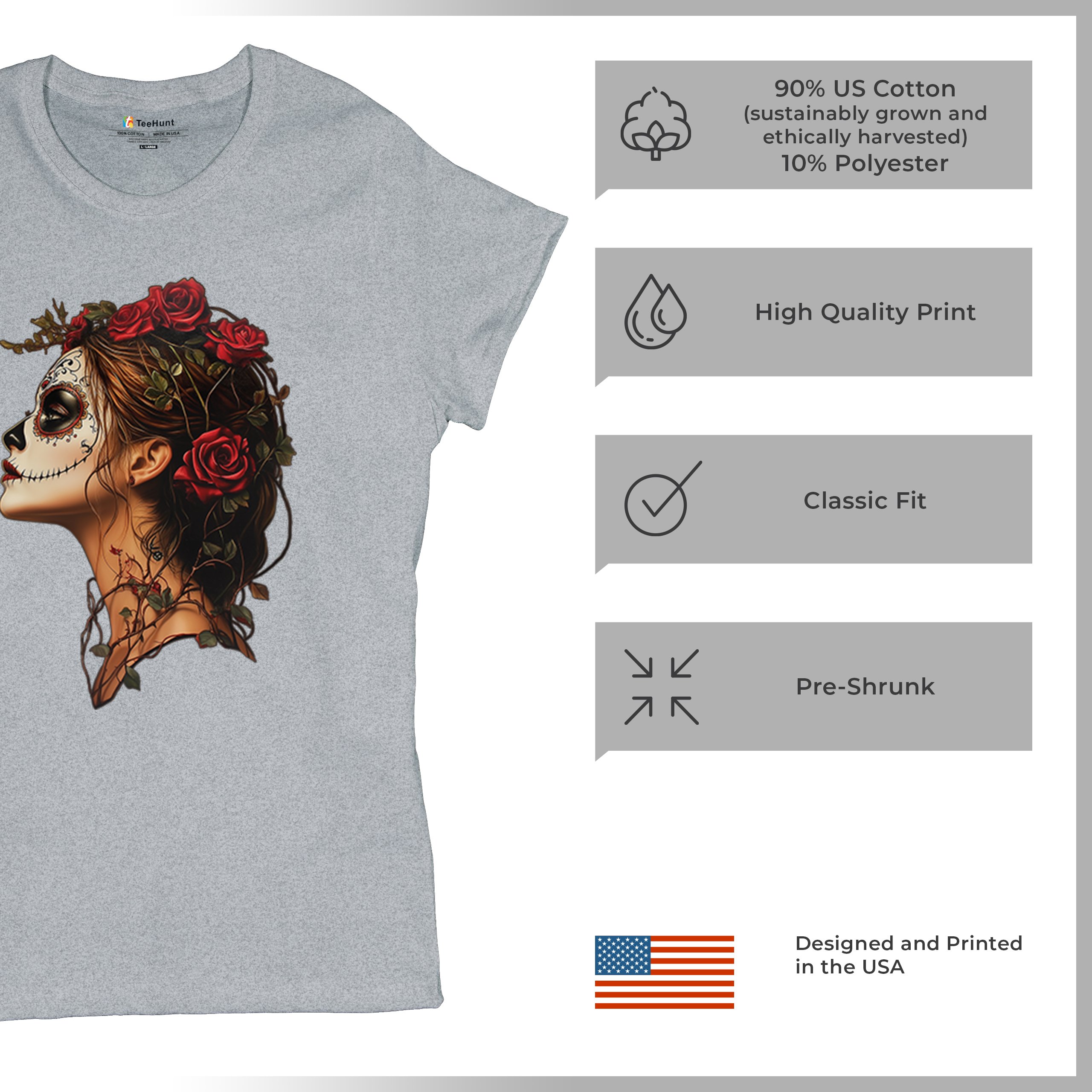 Sugar Skull Profile T-Shirt Dia de Los Muertos Skeleton Face Floral Women's Tee - Picture 14 of 50