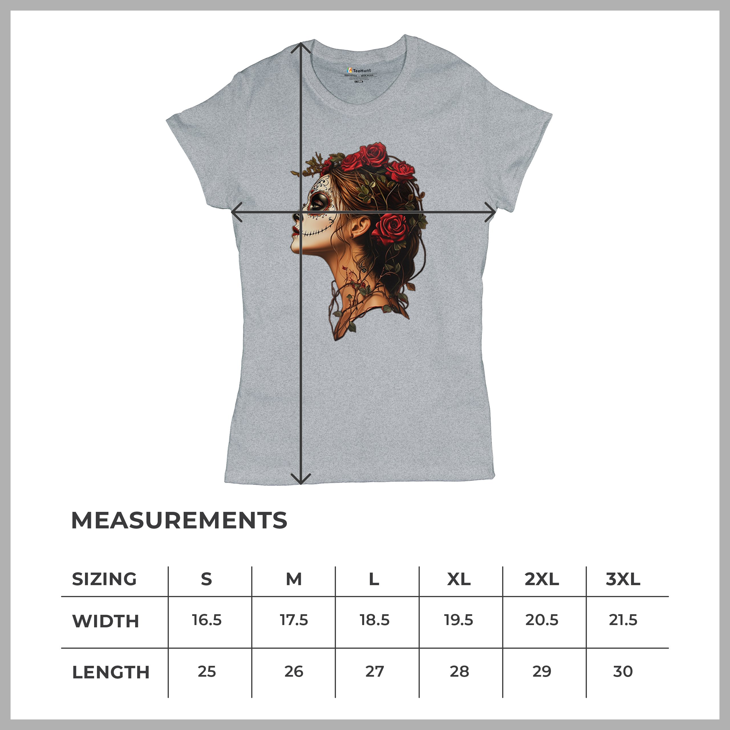 Sugar Skull Profile T-Shirt Dia de Los Muertos Skeleton Face Floral Women's Tee - Picture 15 of 50