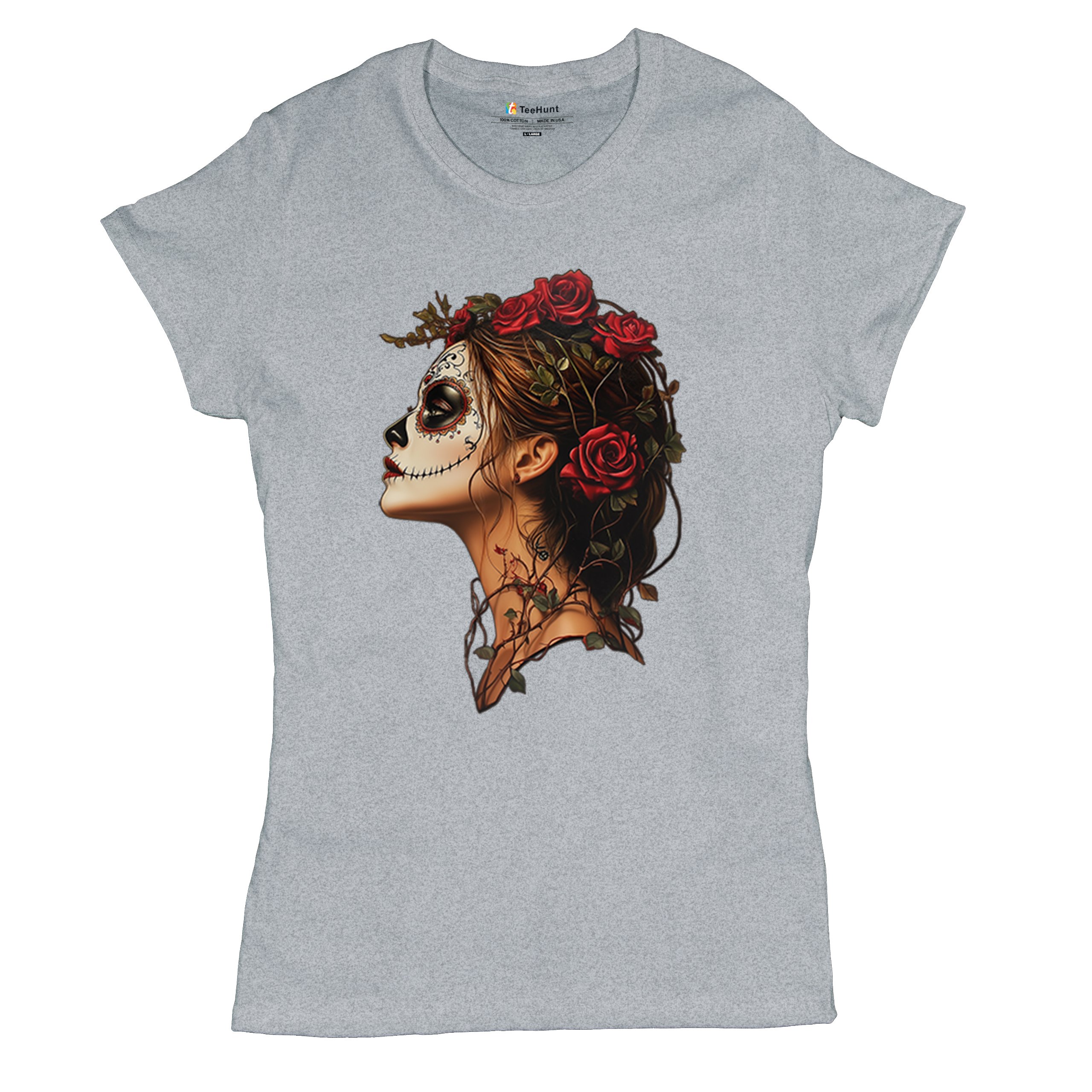 Sugar Skull Profile T-Shirt Dia de Los Muertos Skeleton Face Floral Women's Tee - Picture 13 of 50