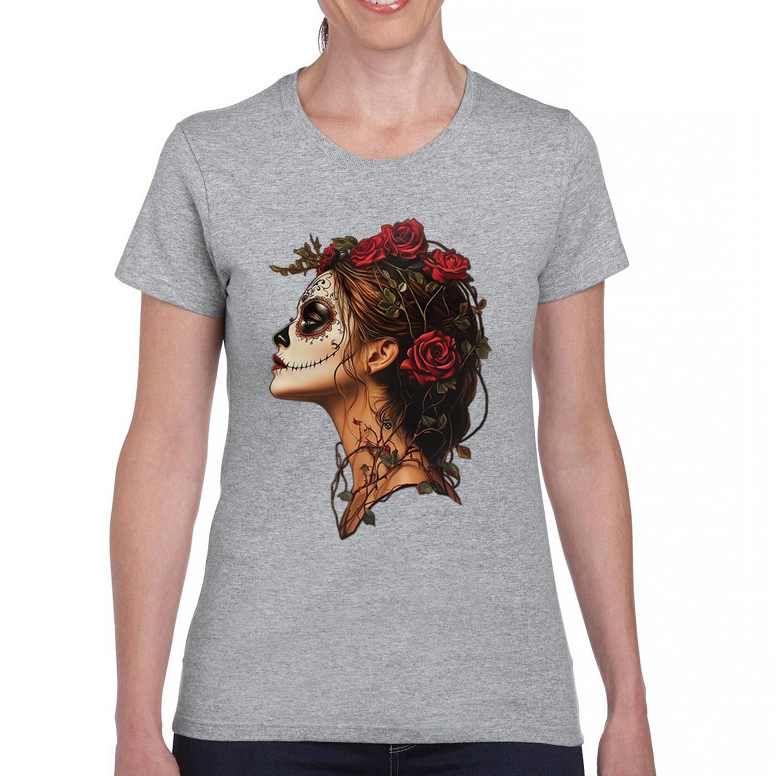 Sugar Skull Profile T-Shirt Dia de Los Muertos Skeleton Face Floral Women's Tee - Picture 9 of 50