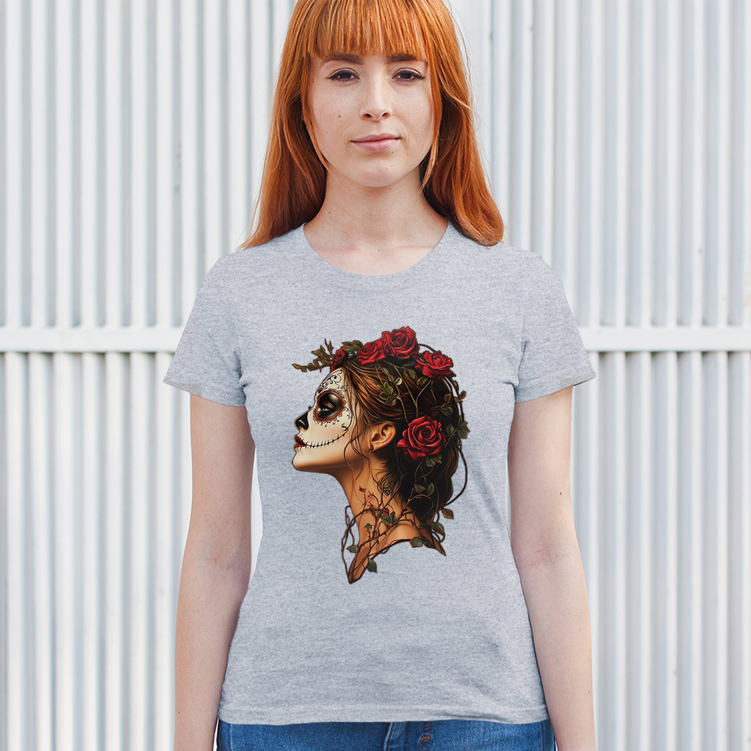 Sugar Skull Profile T-Shirt Dia de Los Muertos Skeleton Face Floral Women's Tee - Picture 12 of 50