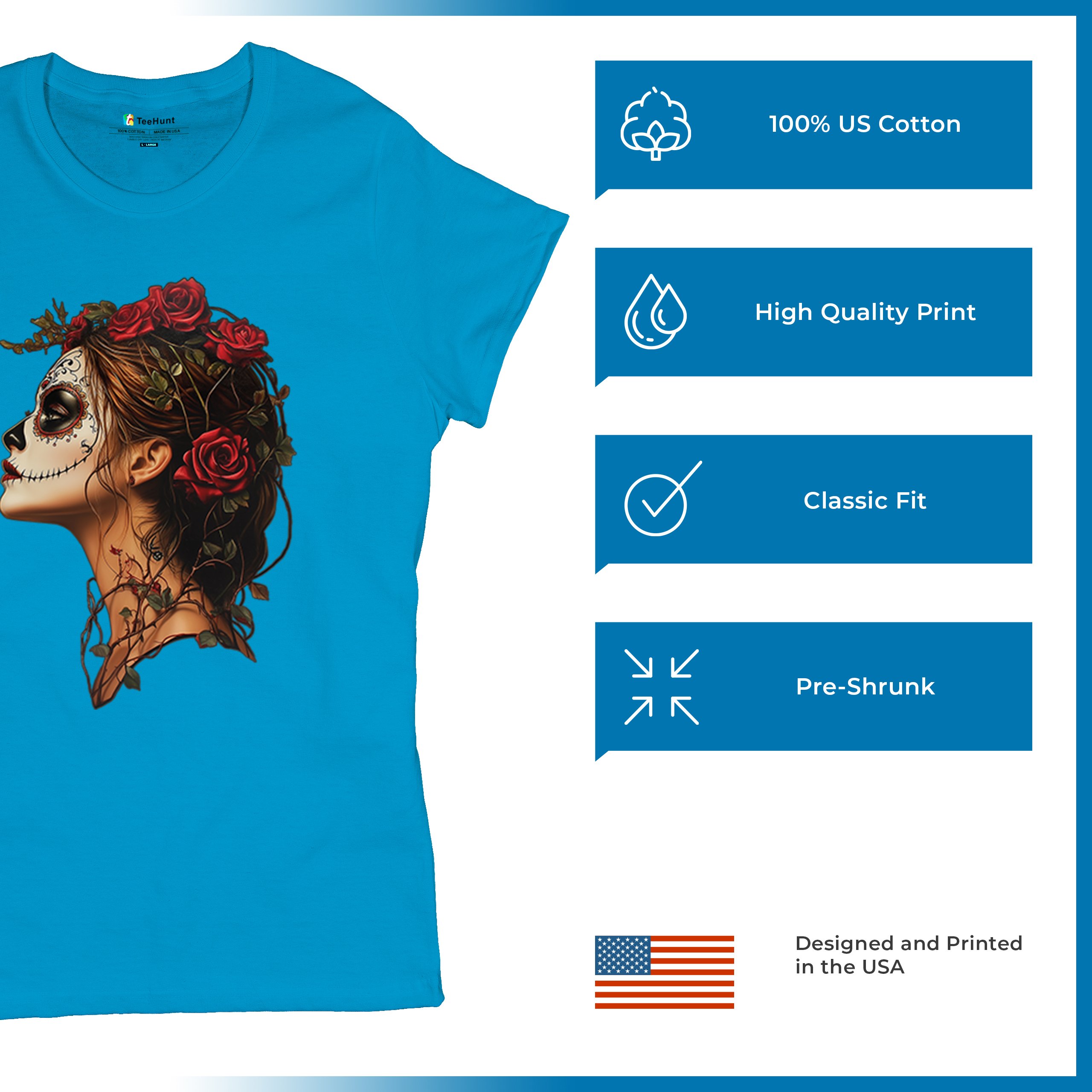 Sugar Skull Profile T-Shirt Dia de Los Muertos Skeleton Face Floral Women's Tee - Picture 42 of 50