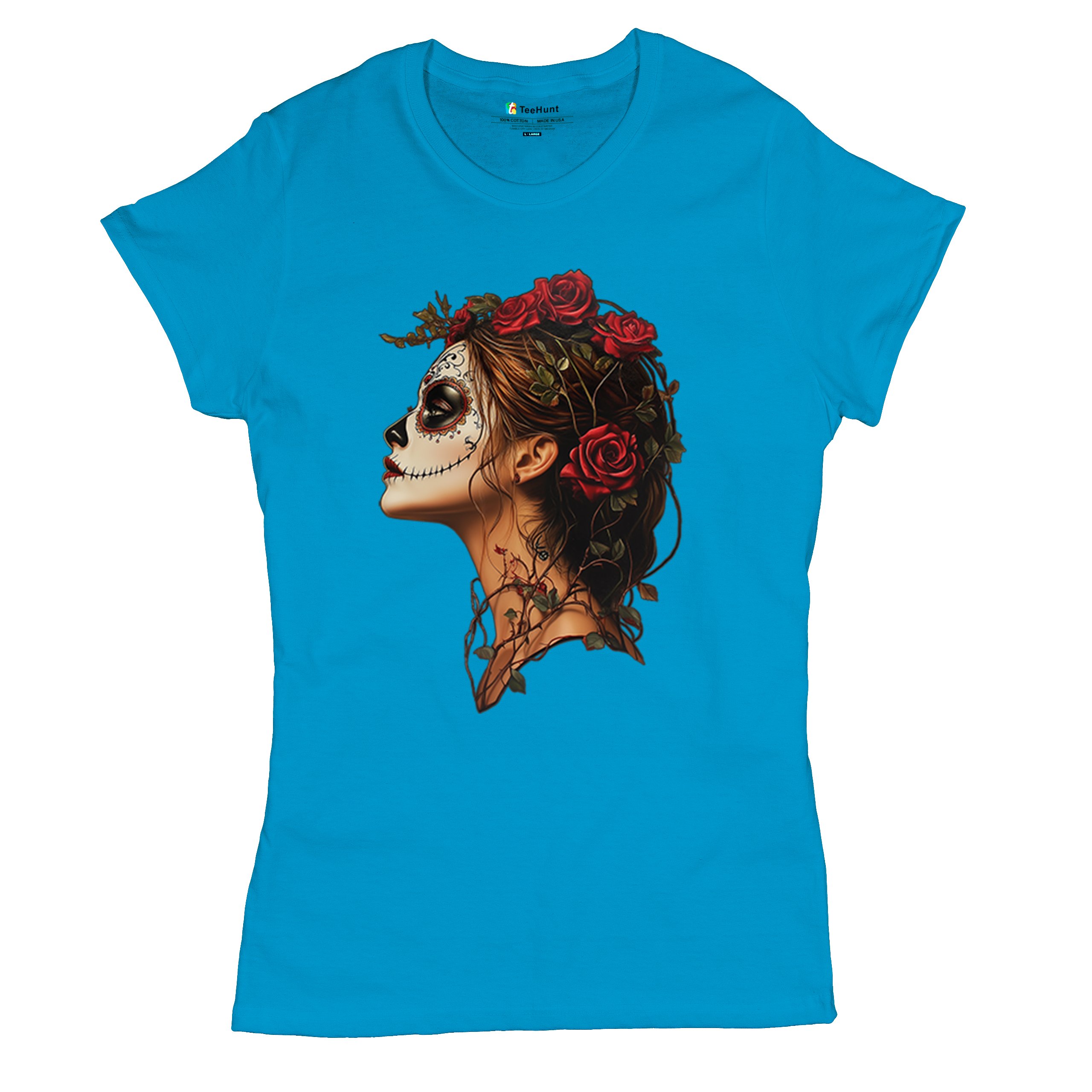 Sugar Skull Profile T-Shirt Dia de Los Muertos Skeleton Face Floral Women's Tee - Picture 41 of 50