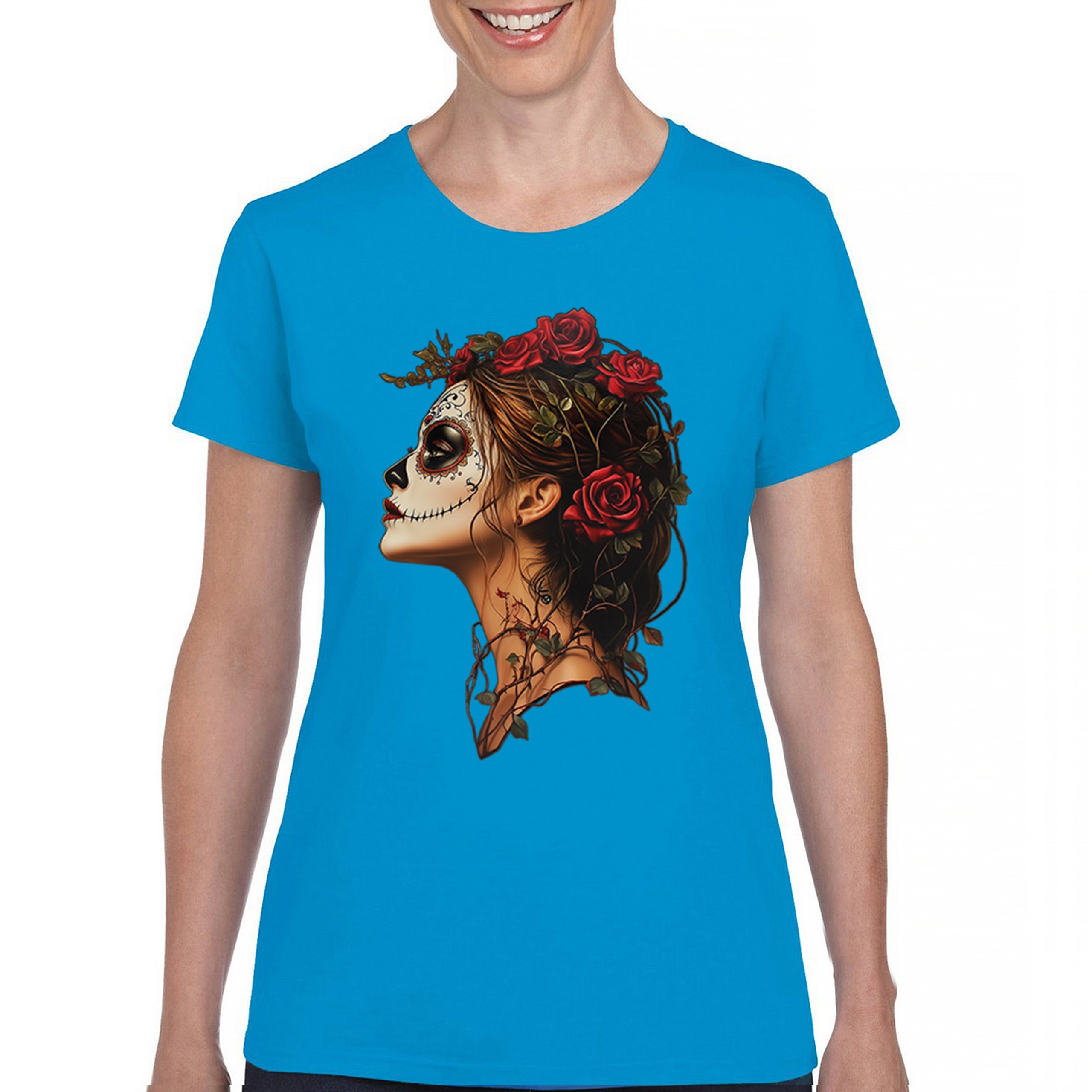 Sugar Skull Profile T-Shirt Dia de Los Muertos Skeleton Face Floral Women's Tee - Picture 37 of 50